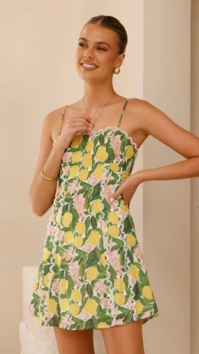 Urban Cool Elegant Everyday Cartia Mini Dress - Lemon Print