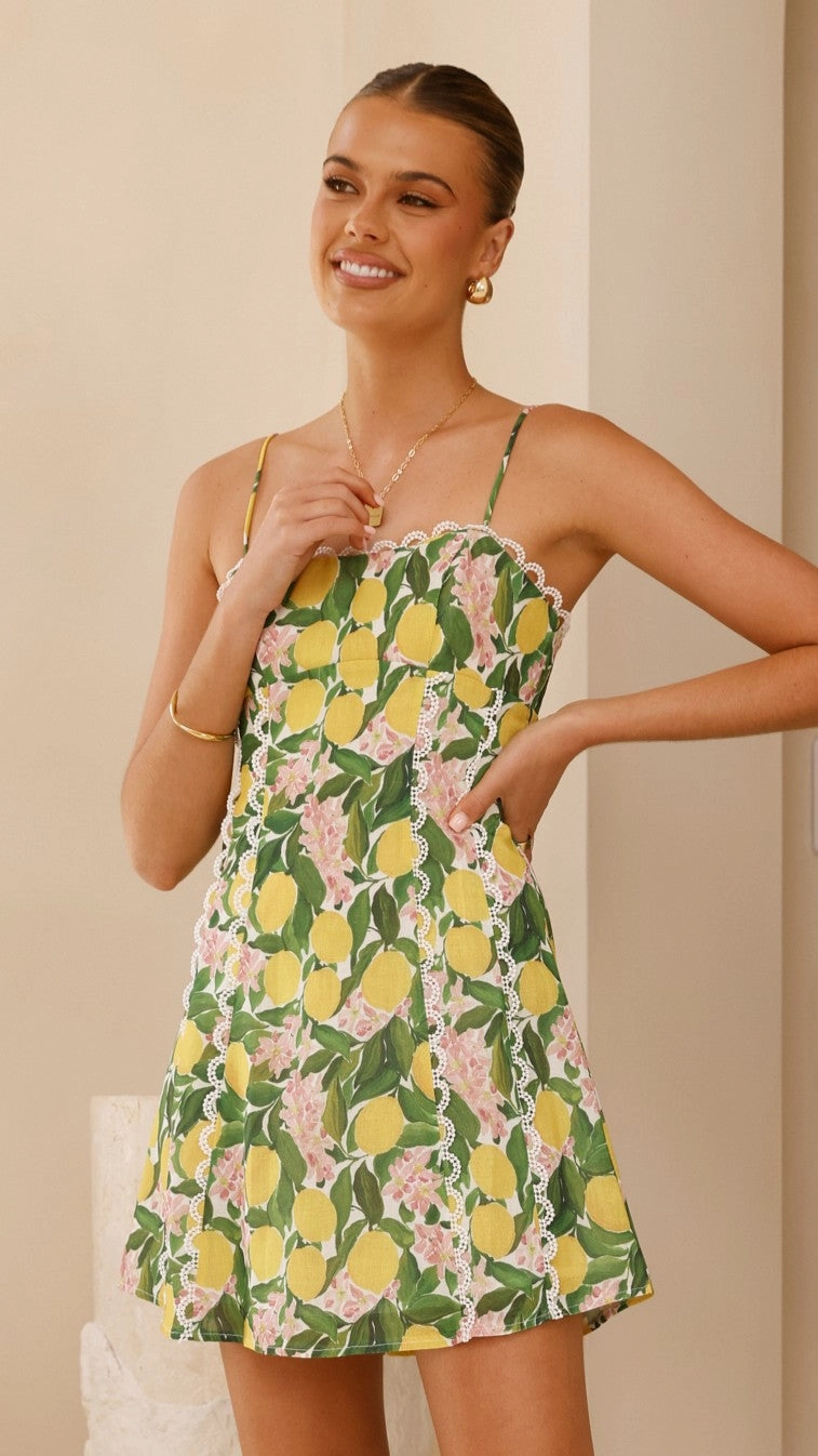 Urban Cool Elegant Everyday Cartia Mini Dress - Lemon Print