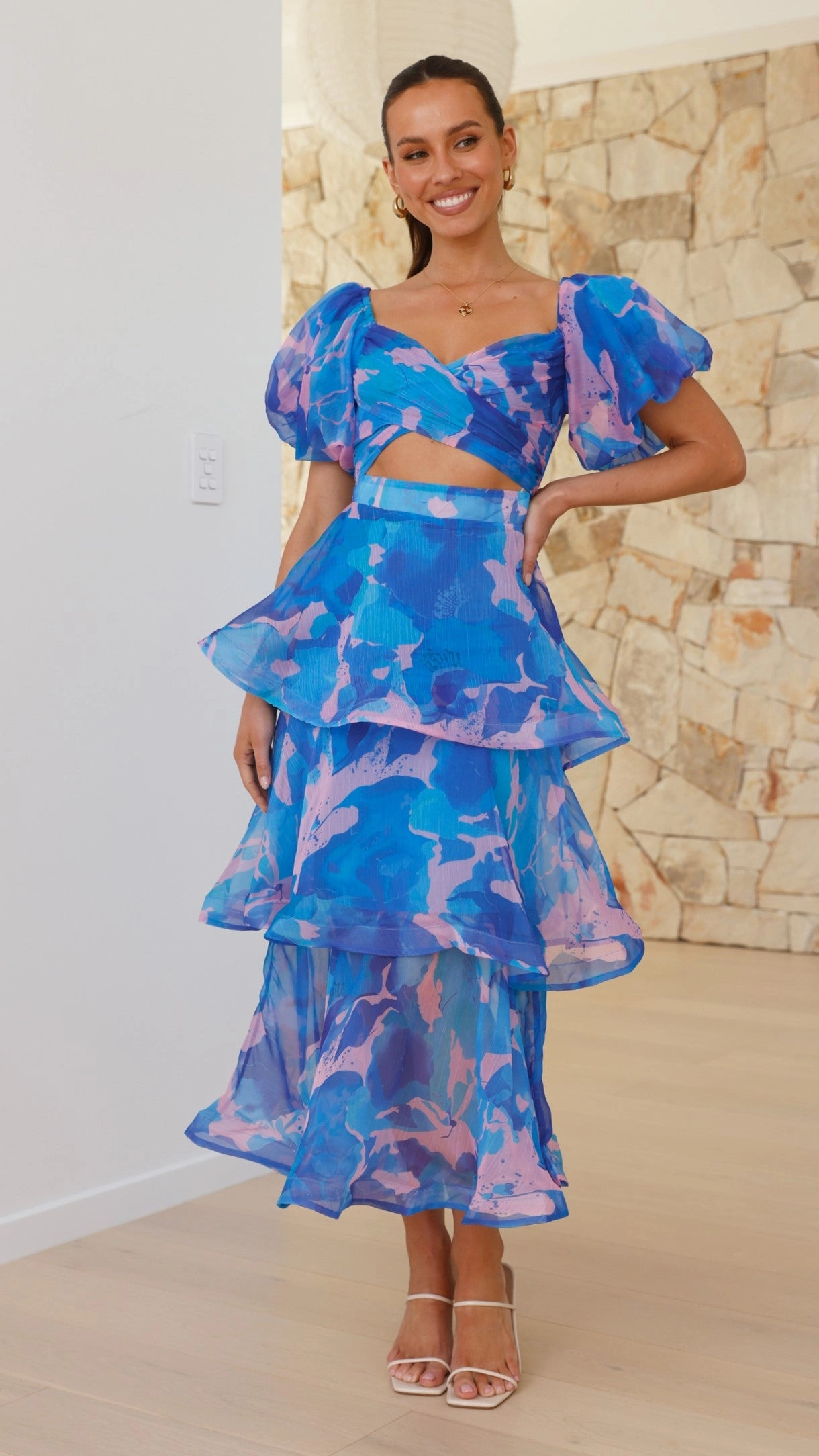 Casey Maxi Dress - Blue / Pink Print Subtle tone
