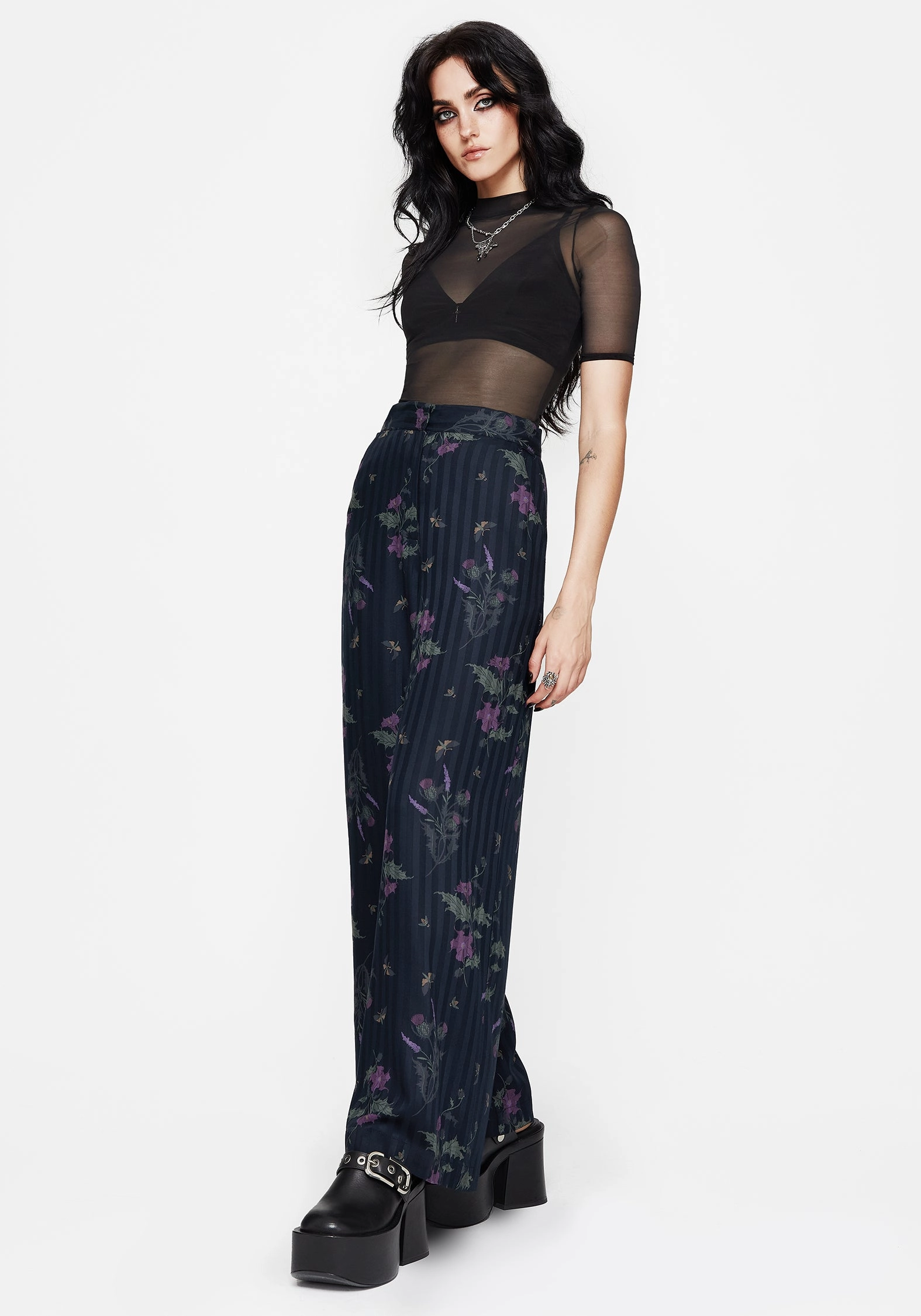 Cassandra Satin Stripe Thistle Print Trouser ElasticWaist
