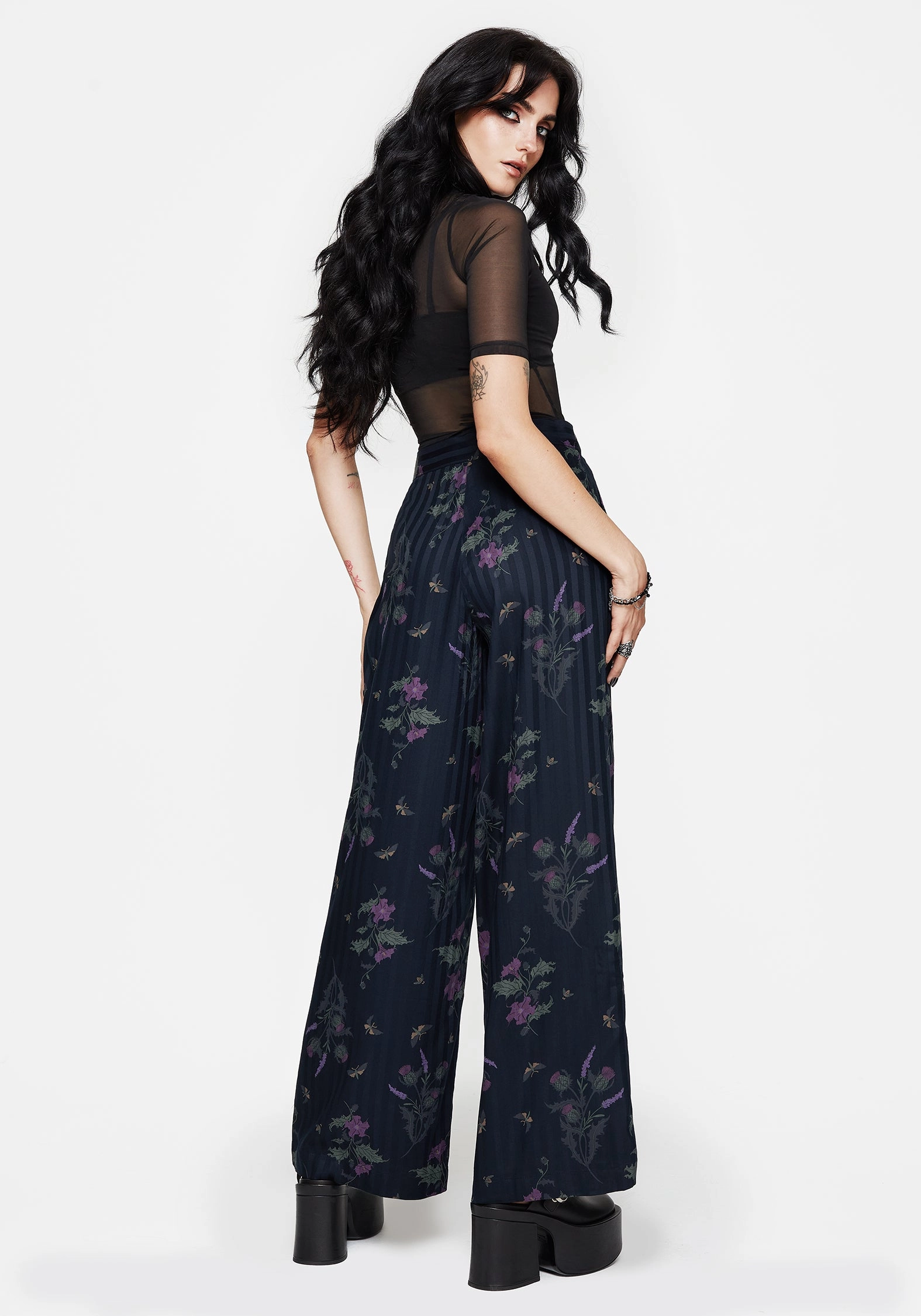 Cassandra Satin Stripe Thistle Print Trouser Soft Interior