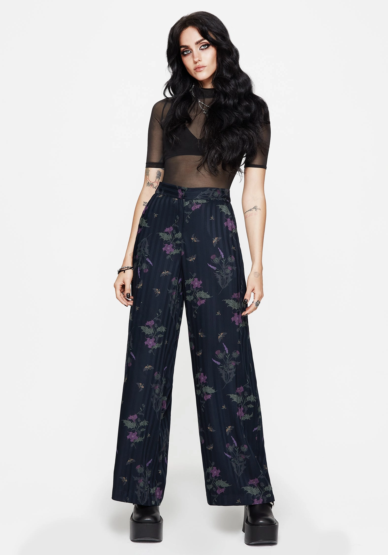 ErgonomicArticulatedDesign No Ride-Up Cassandra Satin Stripe Thistle Print Trouser