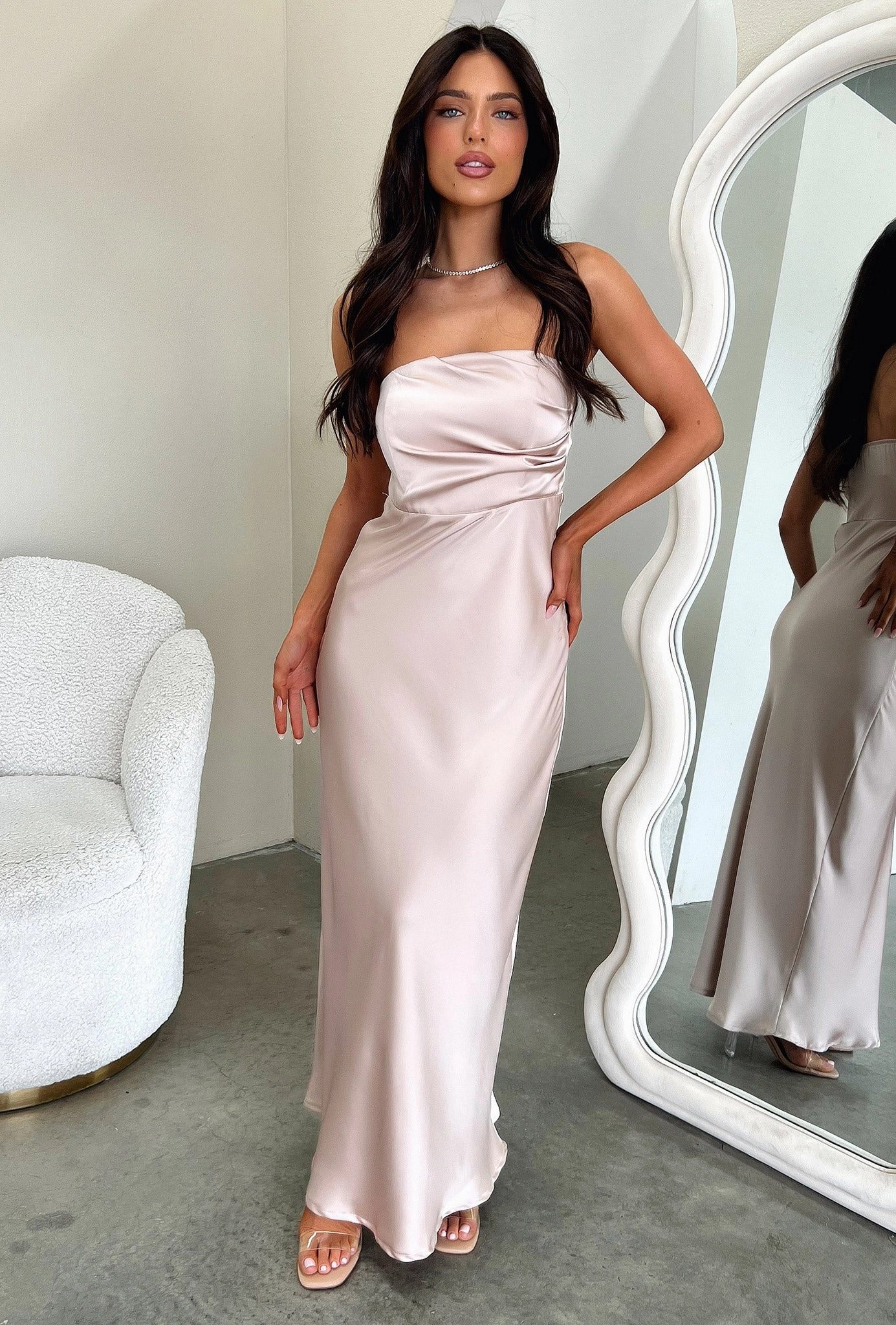 Elio Strapless Satin Maxi Dress - Champagne Fall Go Love Soft