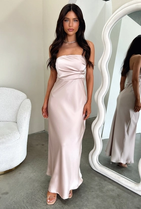 Shiny-Lining Comfortable and Chic Elio Strapless Satin Maxi Dress - Champagne