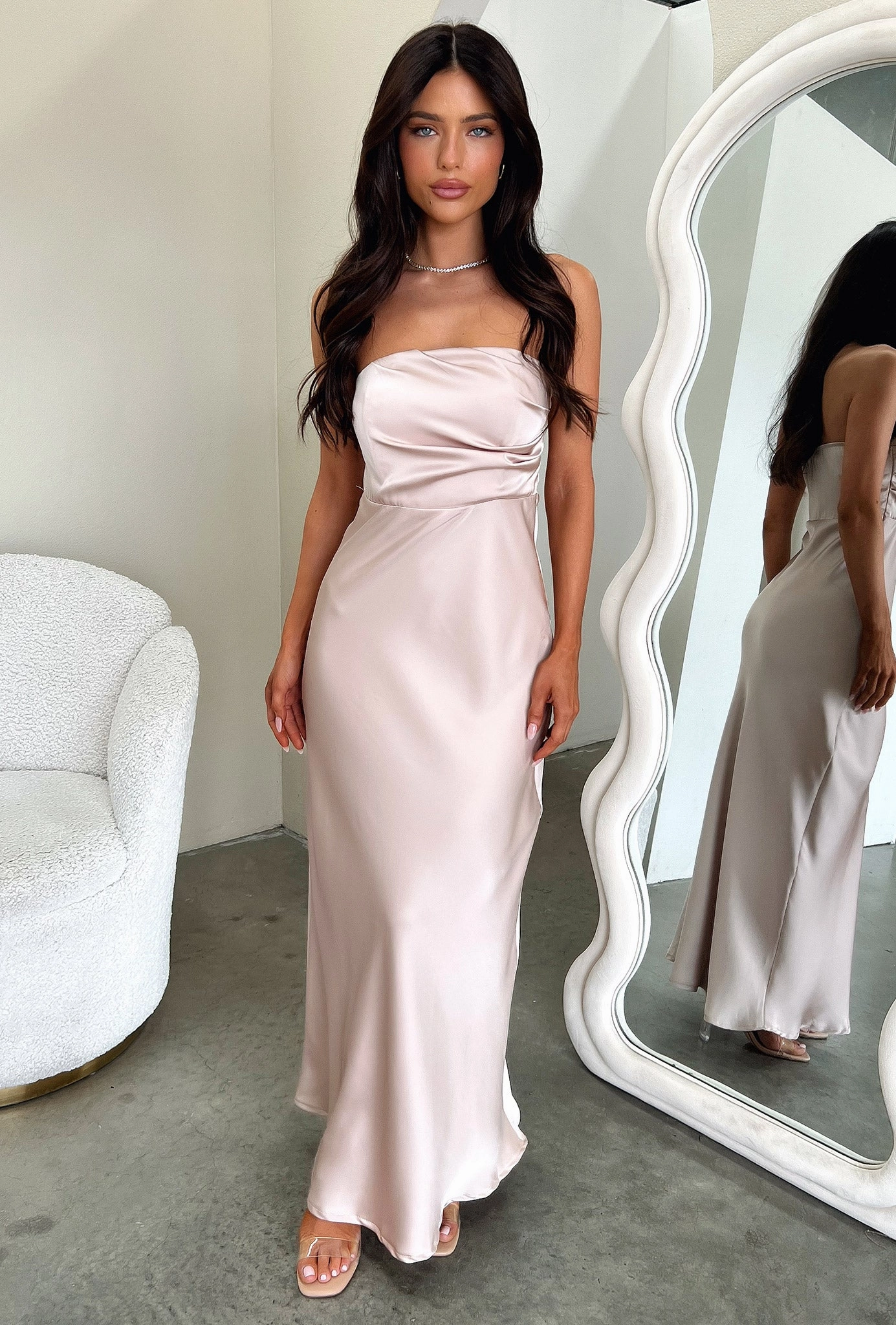 Shiny-Lining Comfortable and Chic Elio Strapless Satin Maxi Dress - Champagne