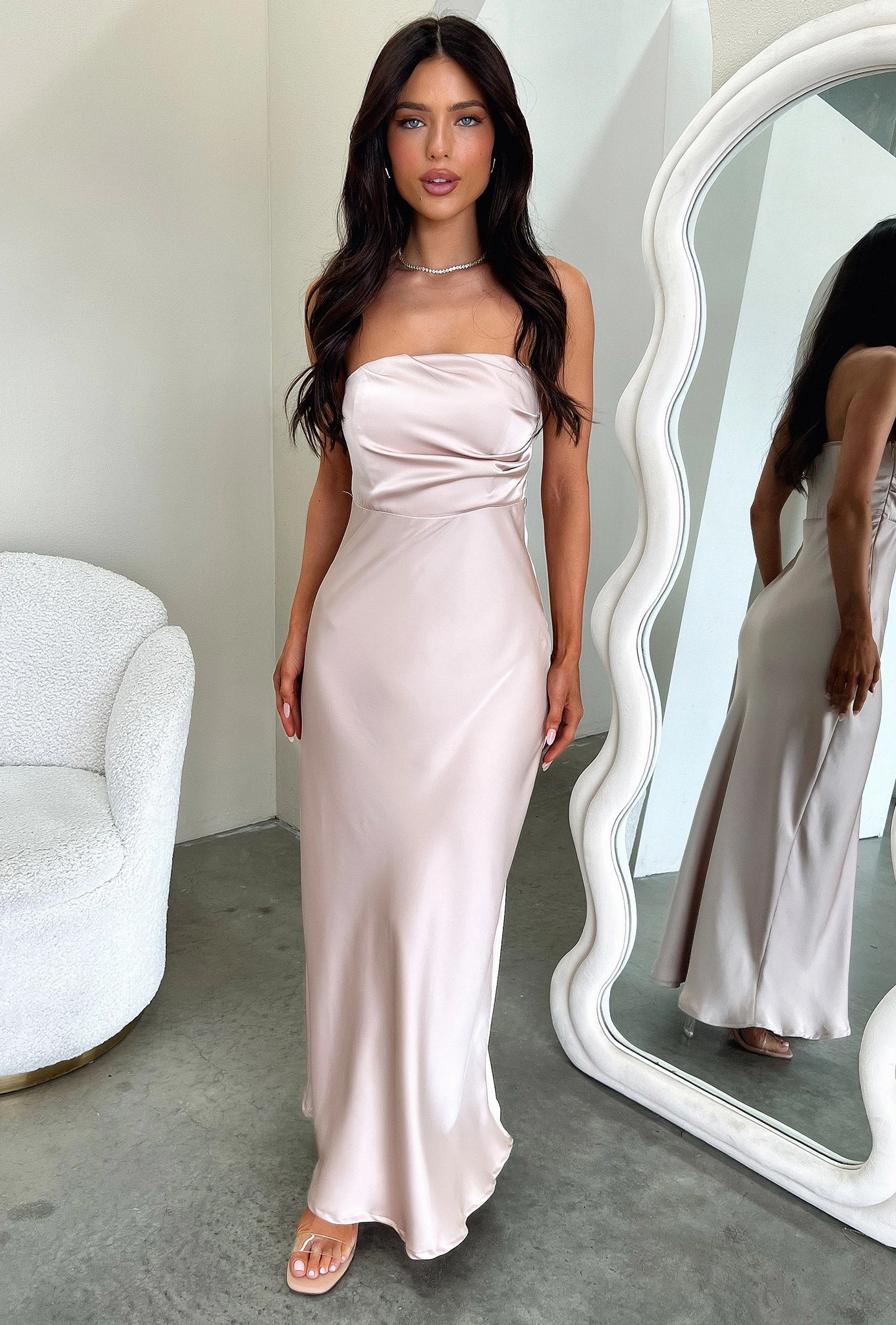 Calm Aesthetic Warm Season Elio Strapless Satin Maxi Dress - Champagne