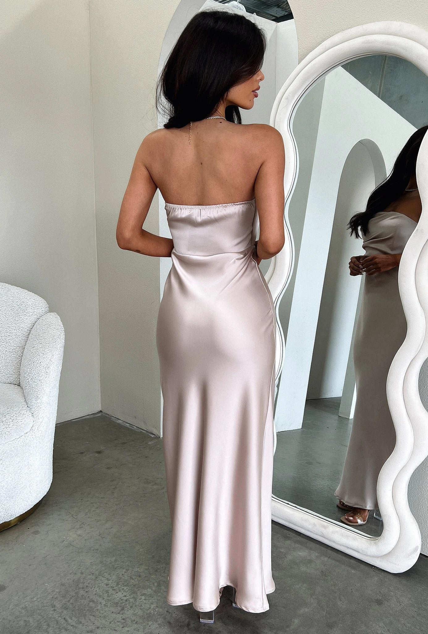Fresh Stitch Chilly Weather Comfort Elio Strapless Satin Maxi Dress - Champagne