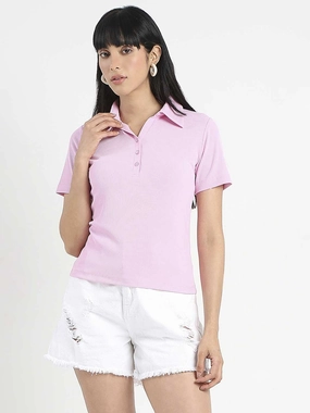 Comfortable Look Stylish and Cozy Madame Solid Pink Polo Pique T-Shirt