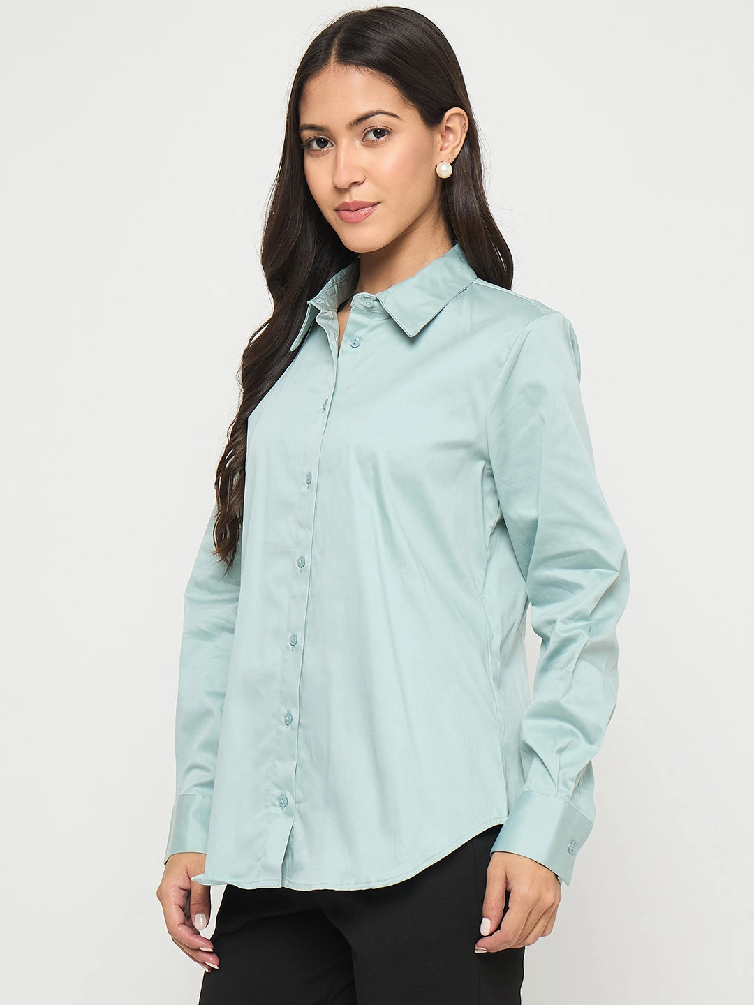 Madame Buttoned Front Solid Cotton Blend Green Shirt Cruise Collection
