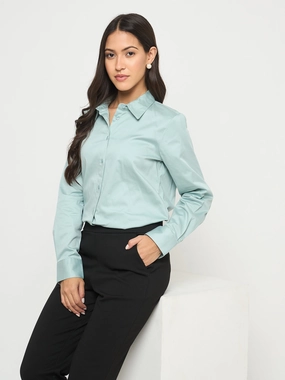 Madame Buttoned Front Solid Cotton Blend Green Shirt Non Iron Fabric All-day Comfort