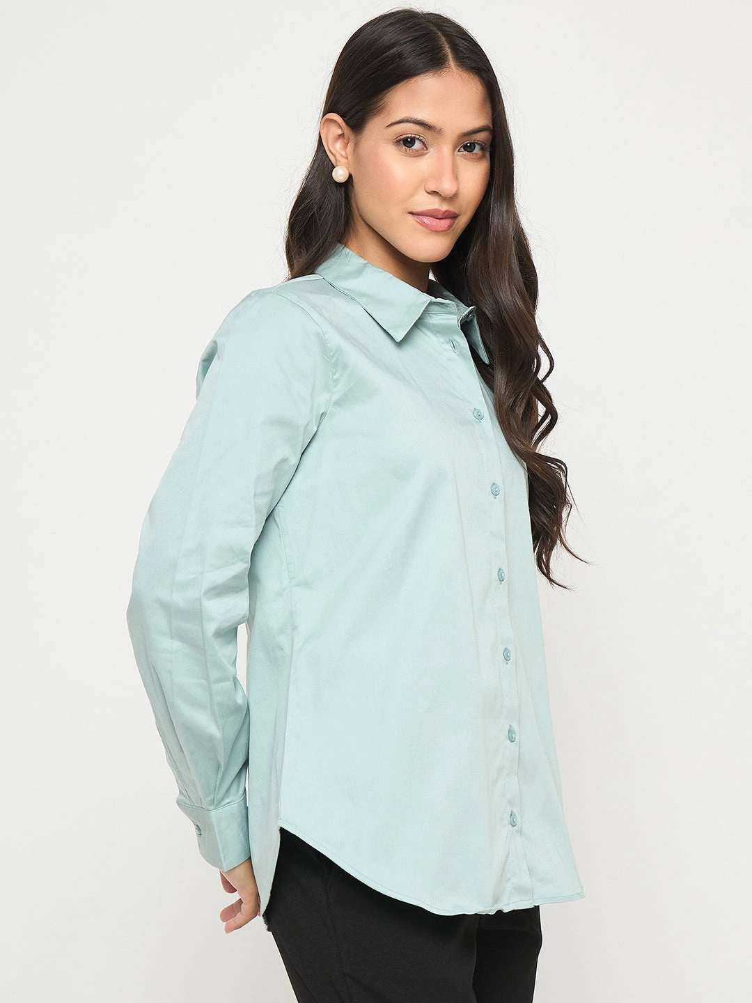 Madame Buttoned Front Solid Cotton Blend Green Shirt Street Wear