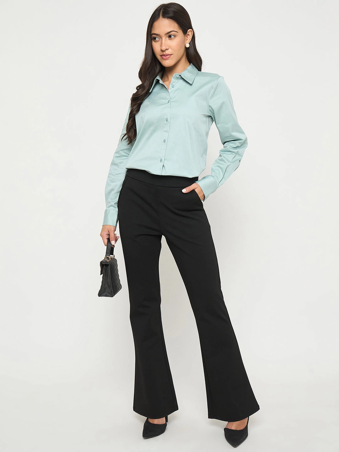 Sophisticated Elegance Microfiber Material Madame Buttoned Front Solid Cotton Blend Green Shirt
