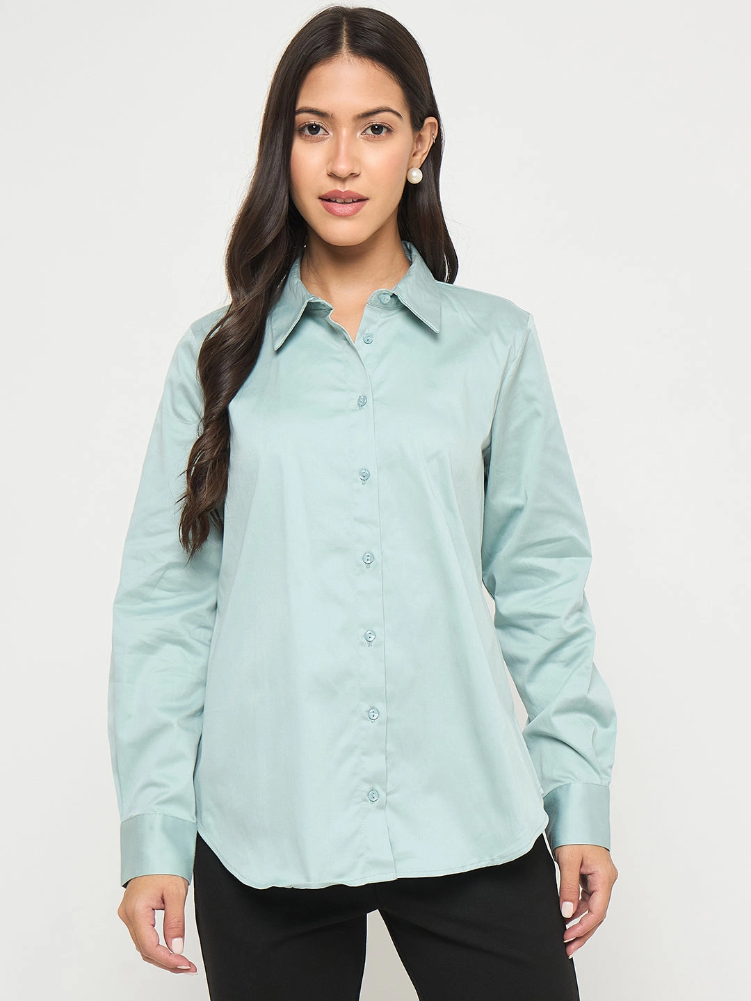 Madame Buttoned Front Solid Cotton Blend Green Shirt Bold Prints Asymmetrical Cut