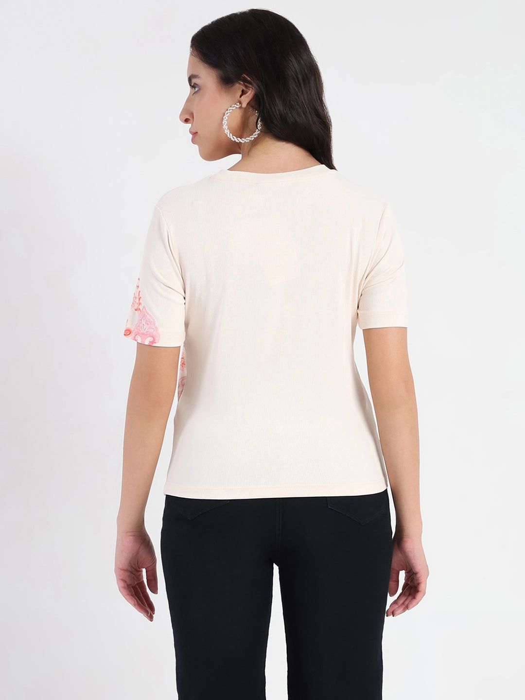 Madame Placement Sublimation Print Peach Smooth Rib T-Shirt Relaxed Waistband