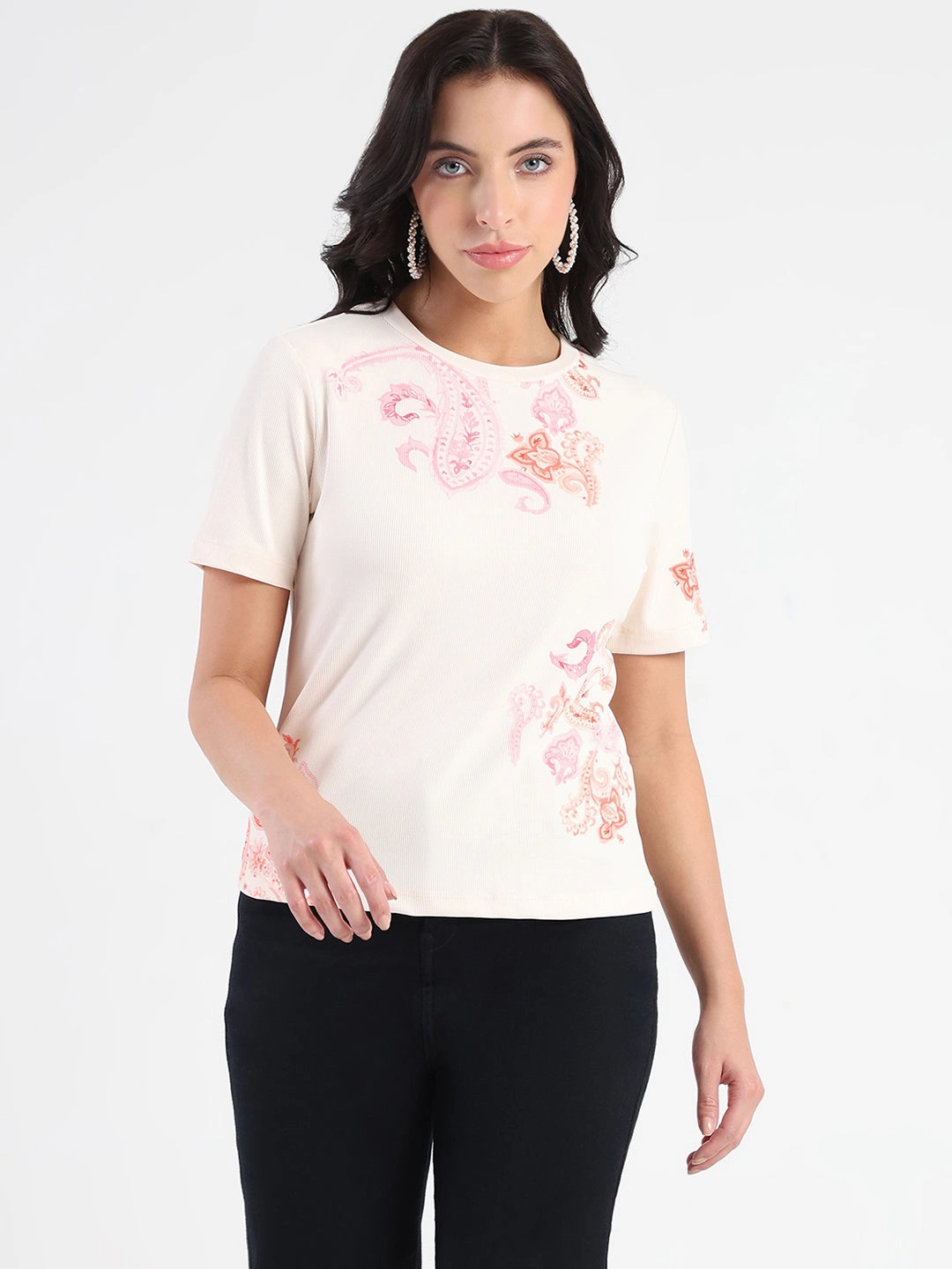 Luxury exclusivity Formal Elegance Madame Placement Sublimation Print Peach Smooth Rib T-Shirt