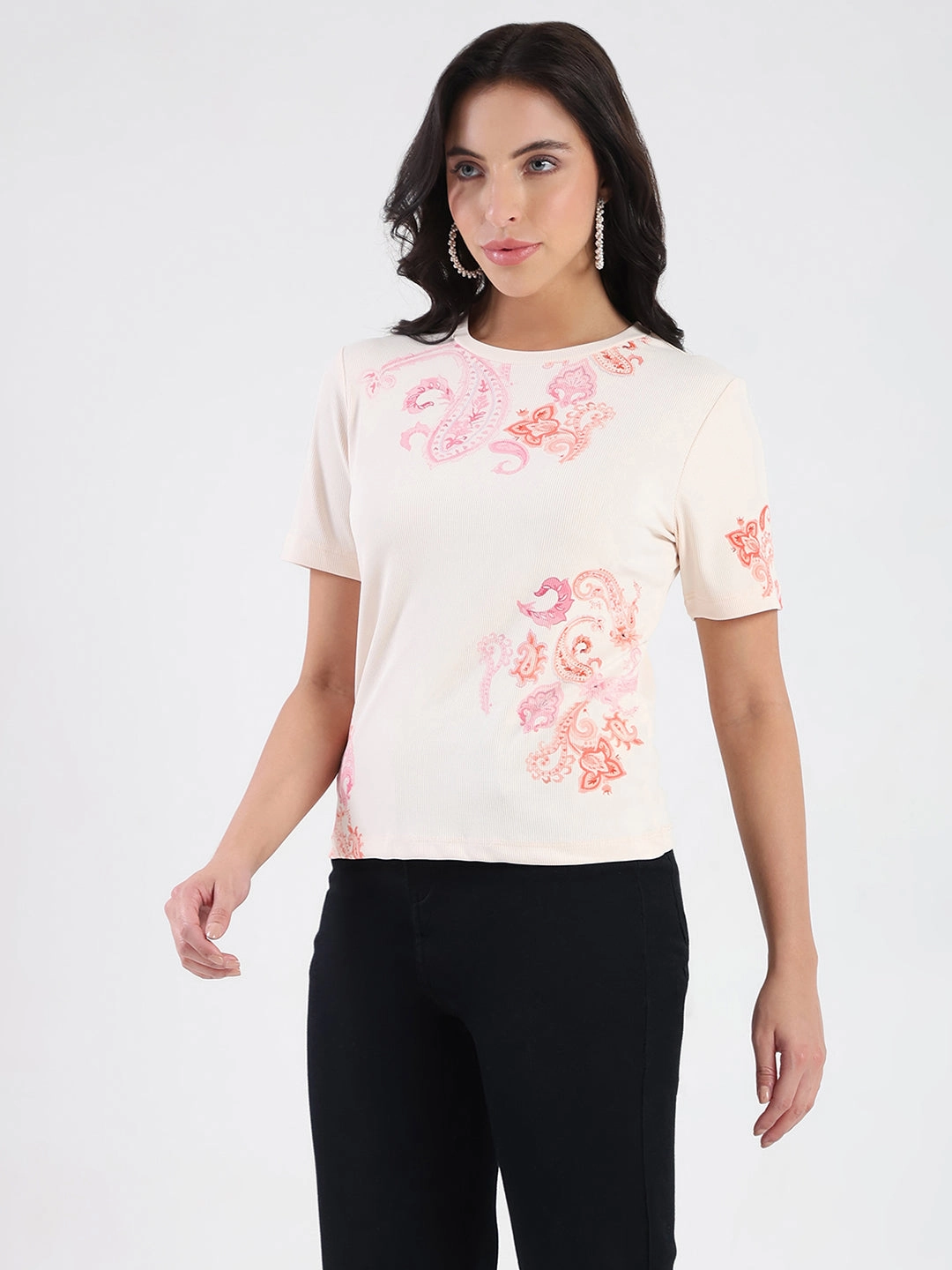 Madame Placement Sublimation Print Peach Smooth Rib T-Shirt GentleWashResistance