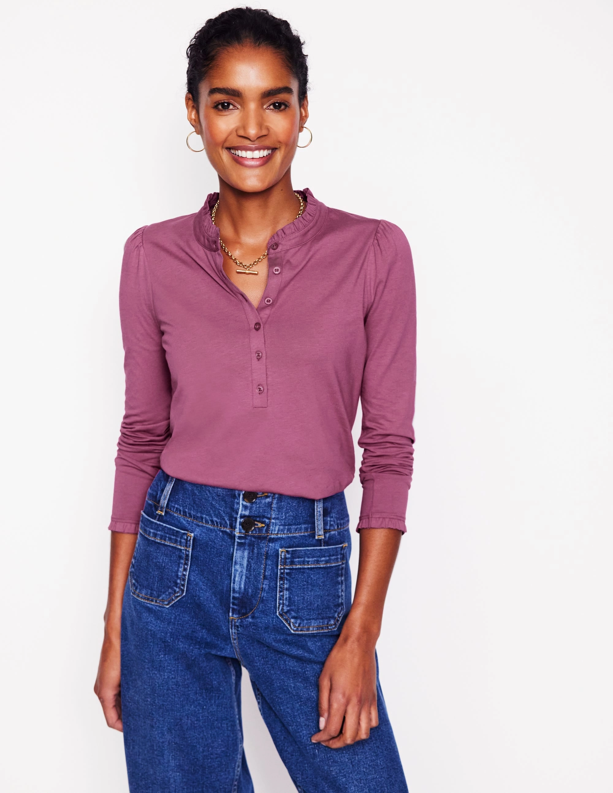 Drop Shoulder Taped Neckline Supersoft Frill Henley Top-Purple Damson
