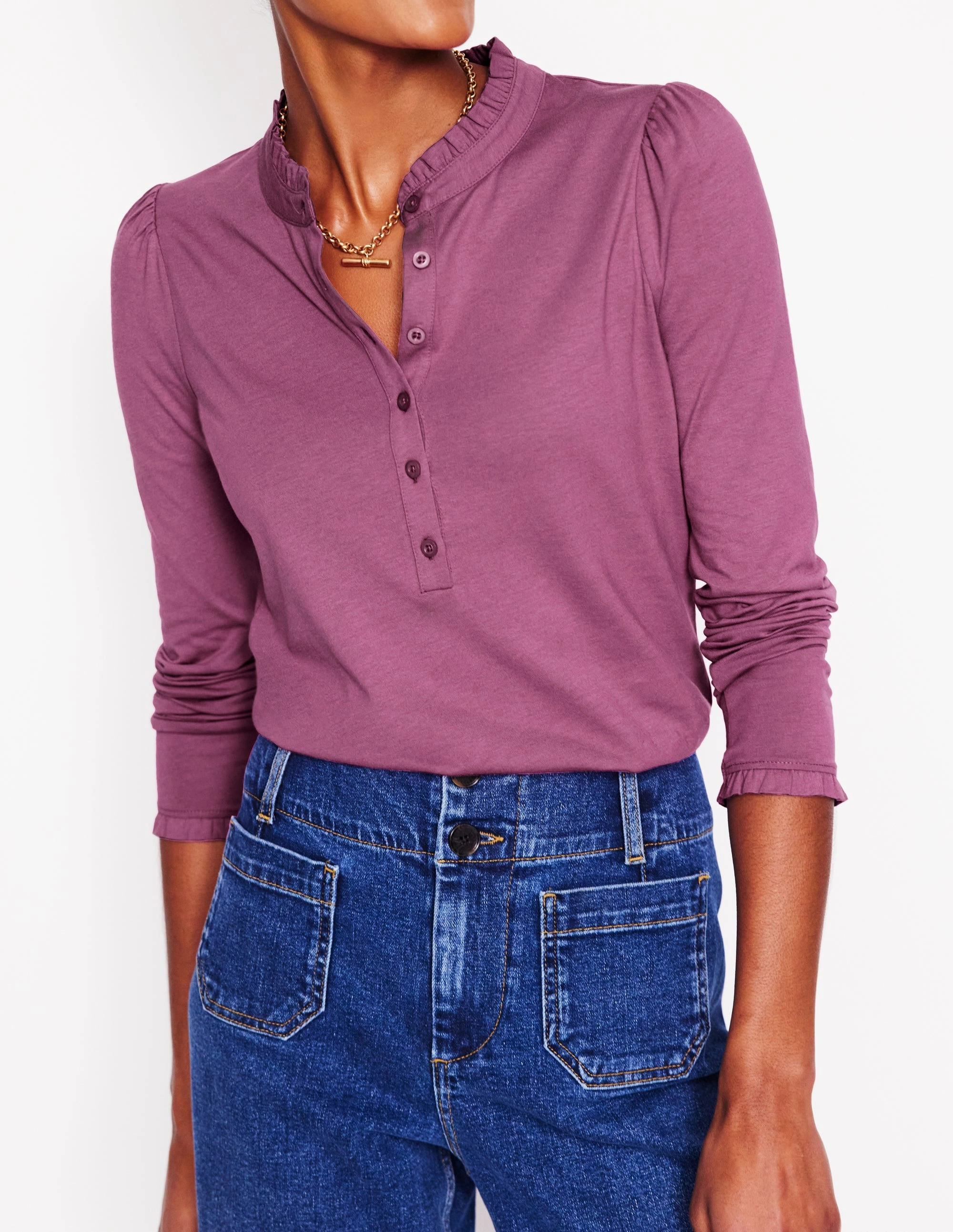Supersoft Frill Henley Top-Purple Damson Anti Pilling Fabric Elegant Cut