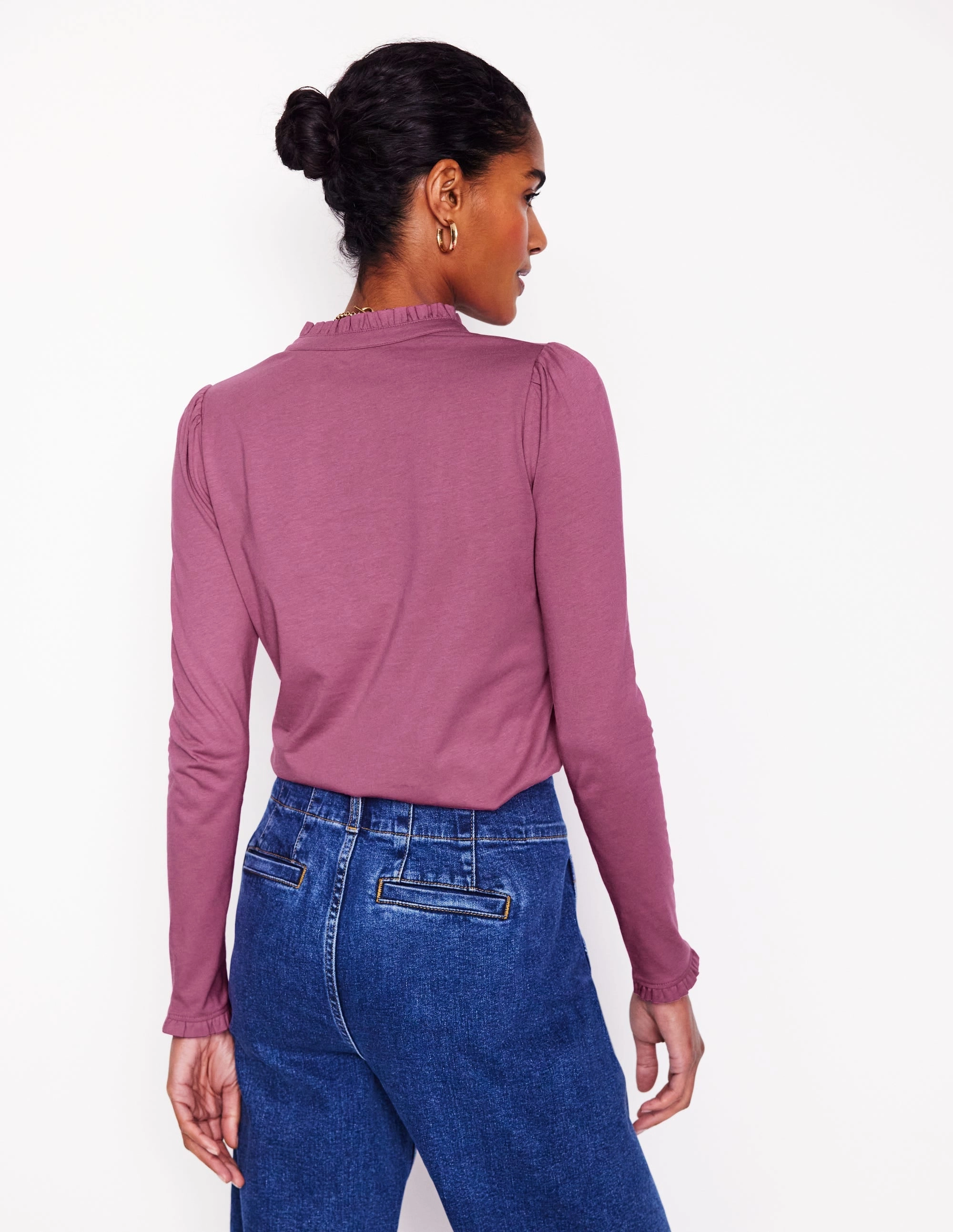 Supersoft Frill Henley Top-Purple Damson AbrasionResistant Surface