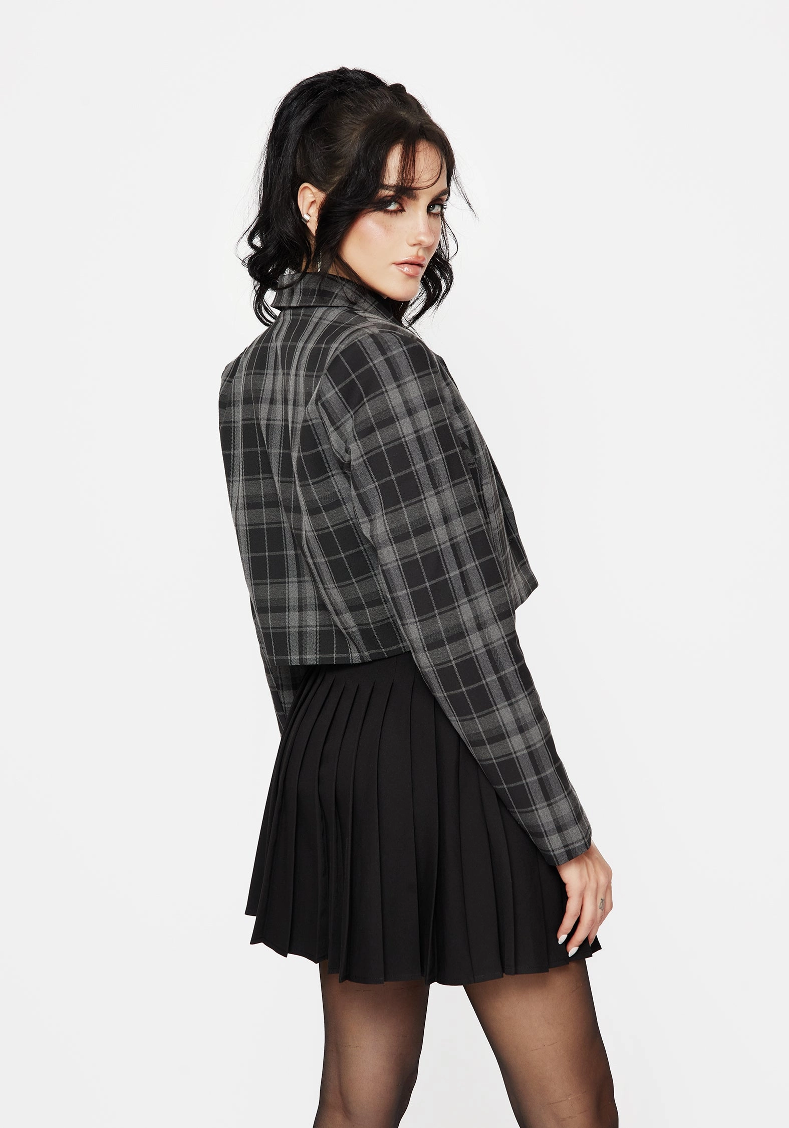 AllDay Comfort Design Checkmate Check Crop Blazer - Black