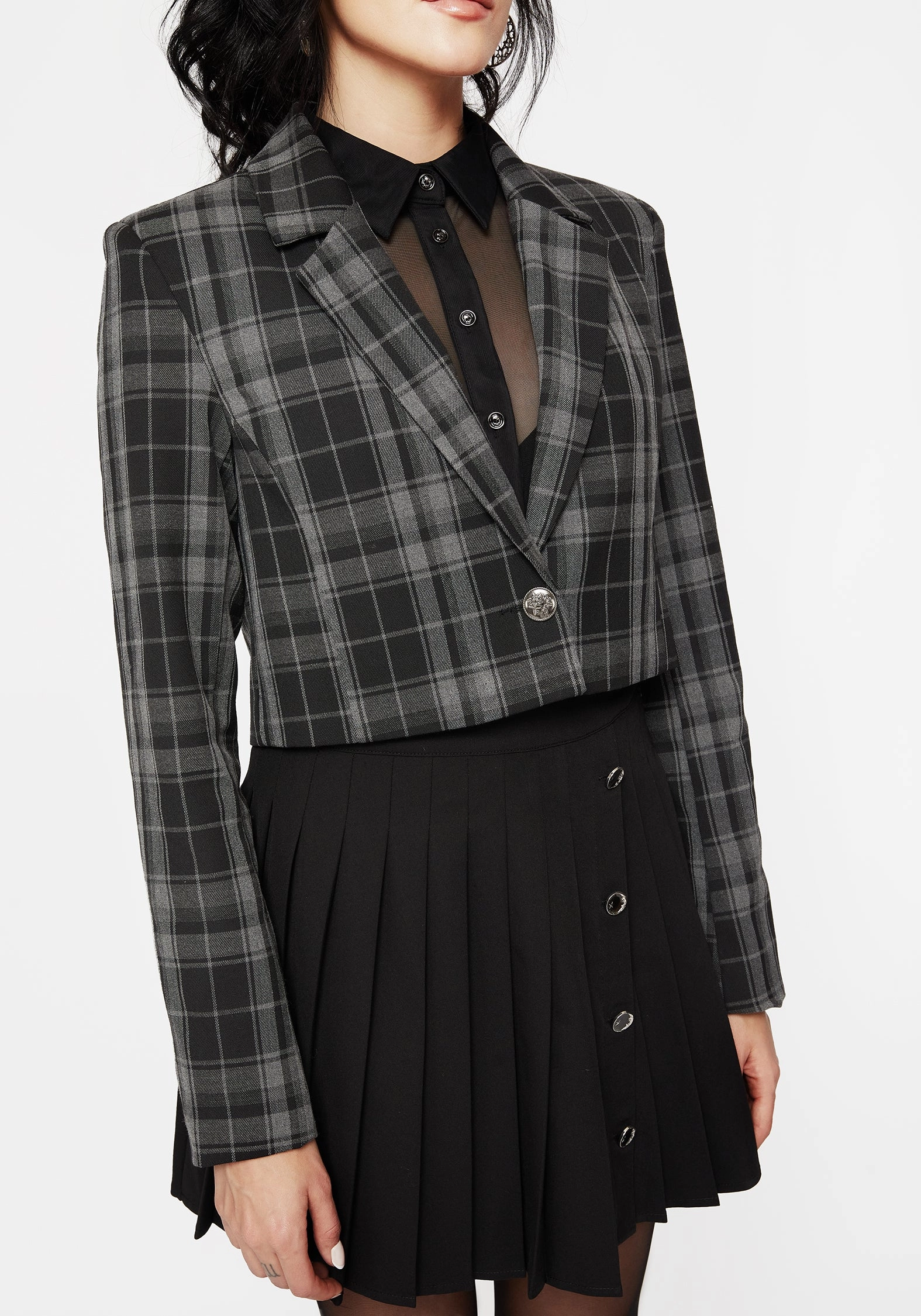 Checkmate Check Crop Blazer - Black Breathable Layer All Weather Adaptability