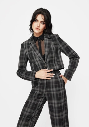 Matte Finish Modern Drop Tail Hem Checkmate Check Crop Blazer - Black