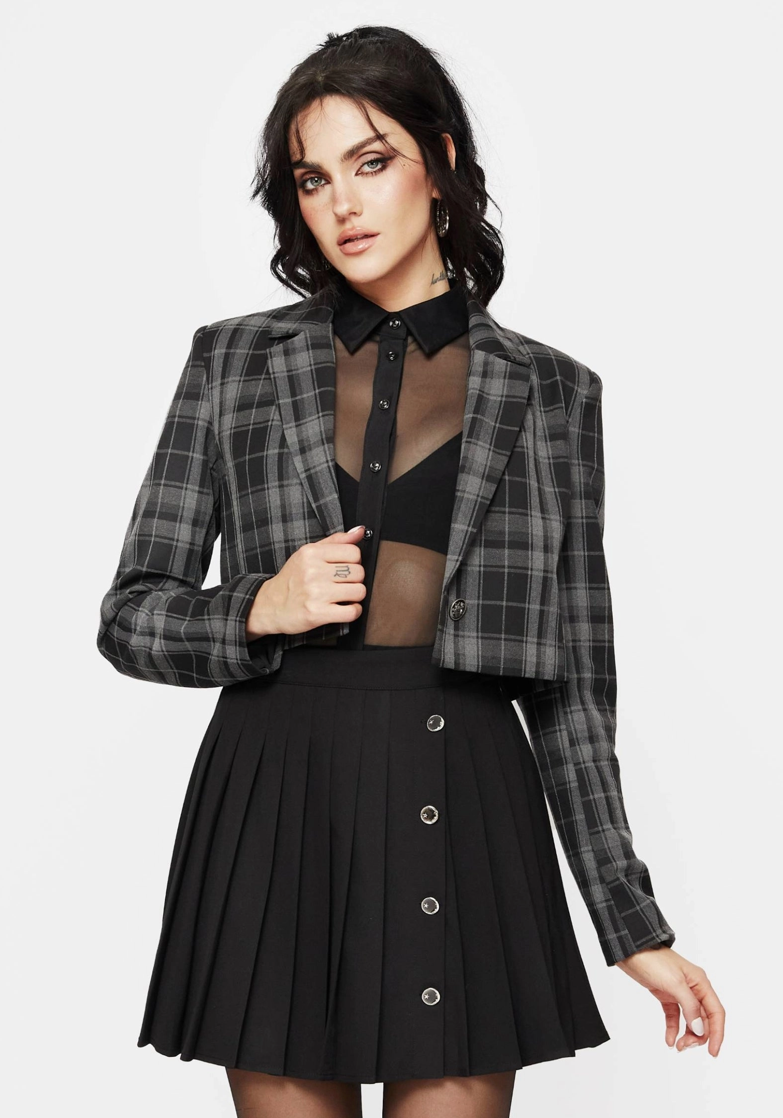 Checkmate Check Crop Blazer - Black Full Length Zipper Closure