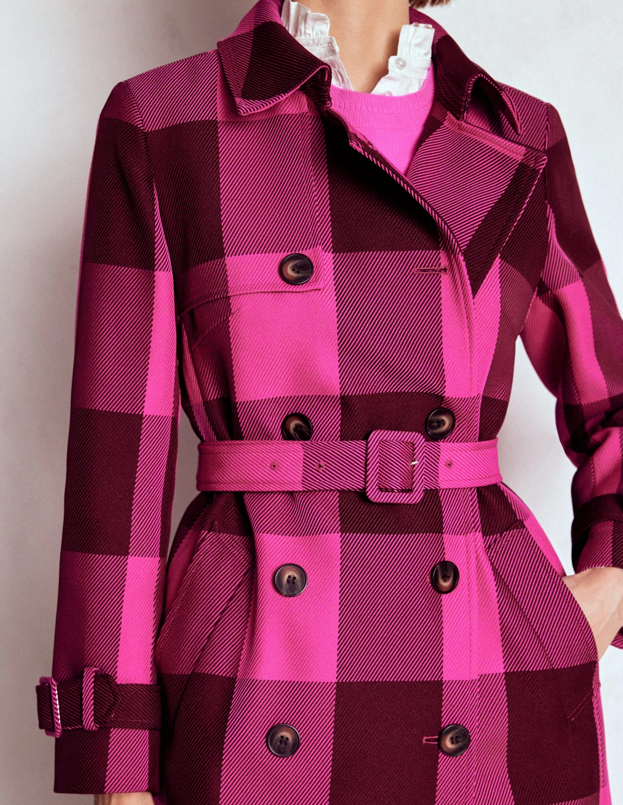 Quick Dry Fabric Technology Checkered Style Cheltenham Trench Coat-Pink Peony, Chestnut Gingham