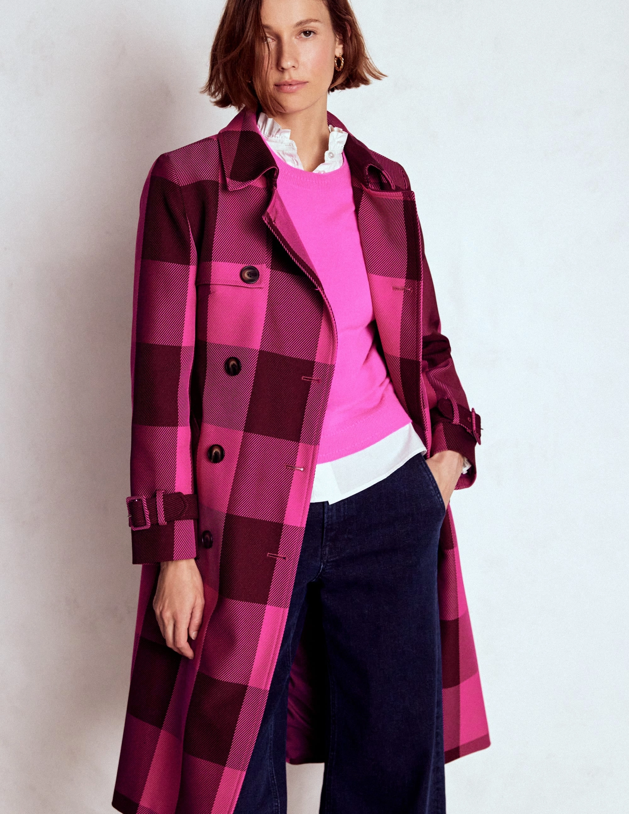 Wrinkle Free Material Compact Design Cheltenham Trench Coat-Pink Peony, Chestnut Gingham