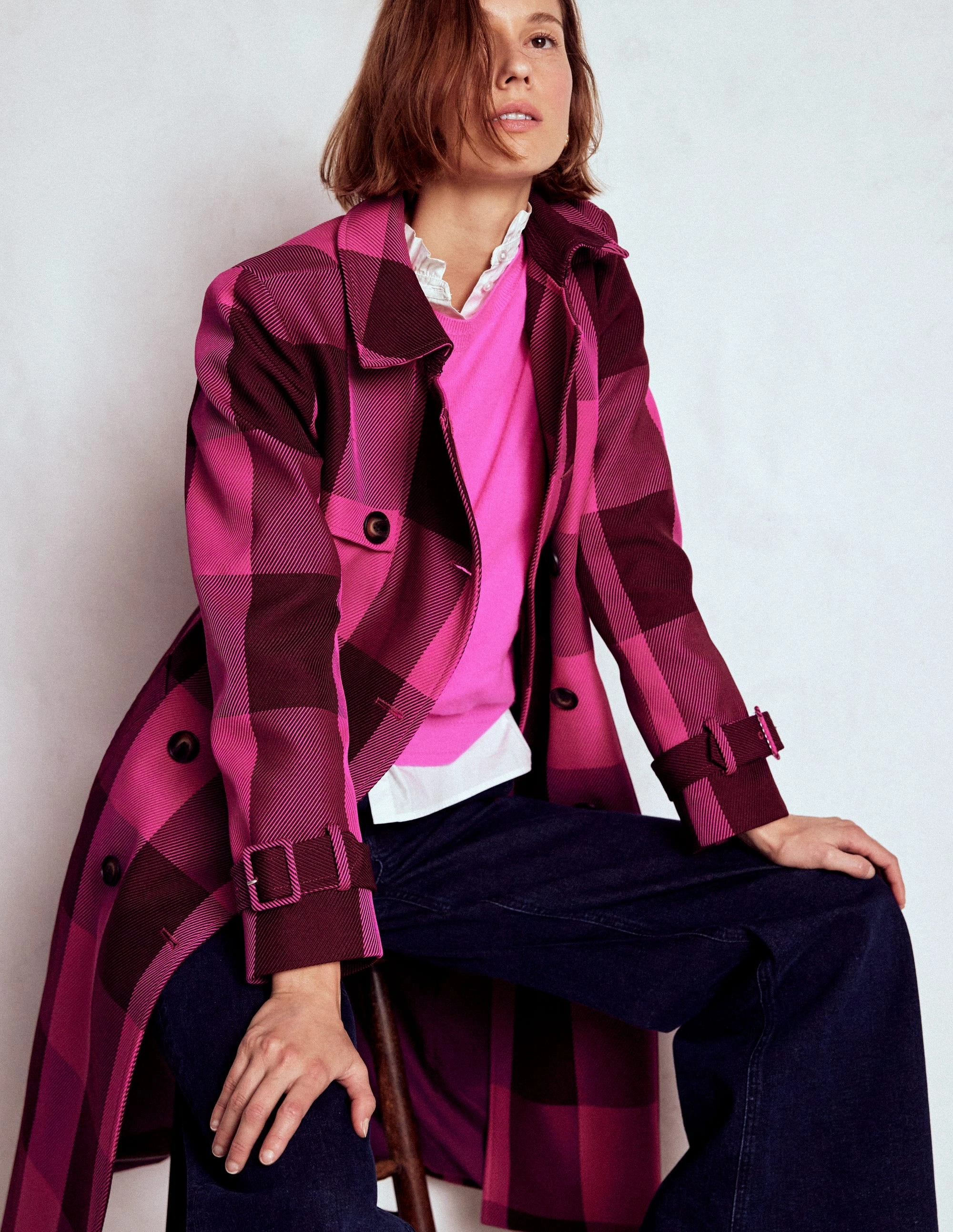 Stretch Fit Cheltenham Trench Coat-Pink Peony, Chestnut Gingham