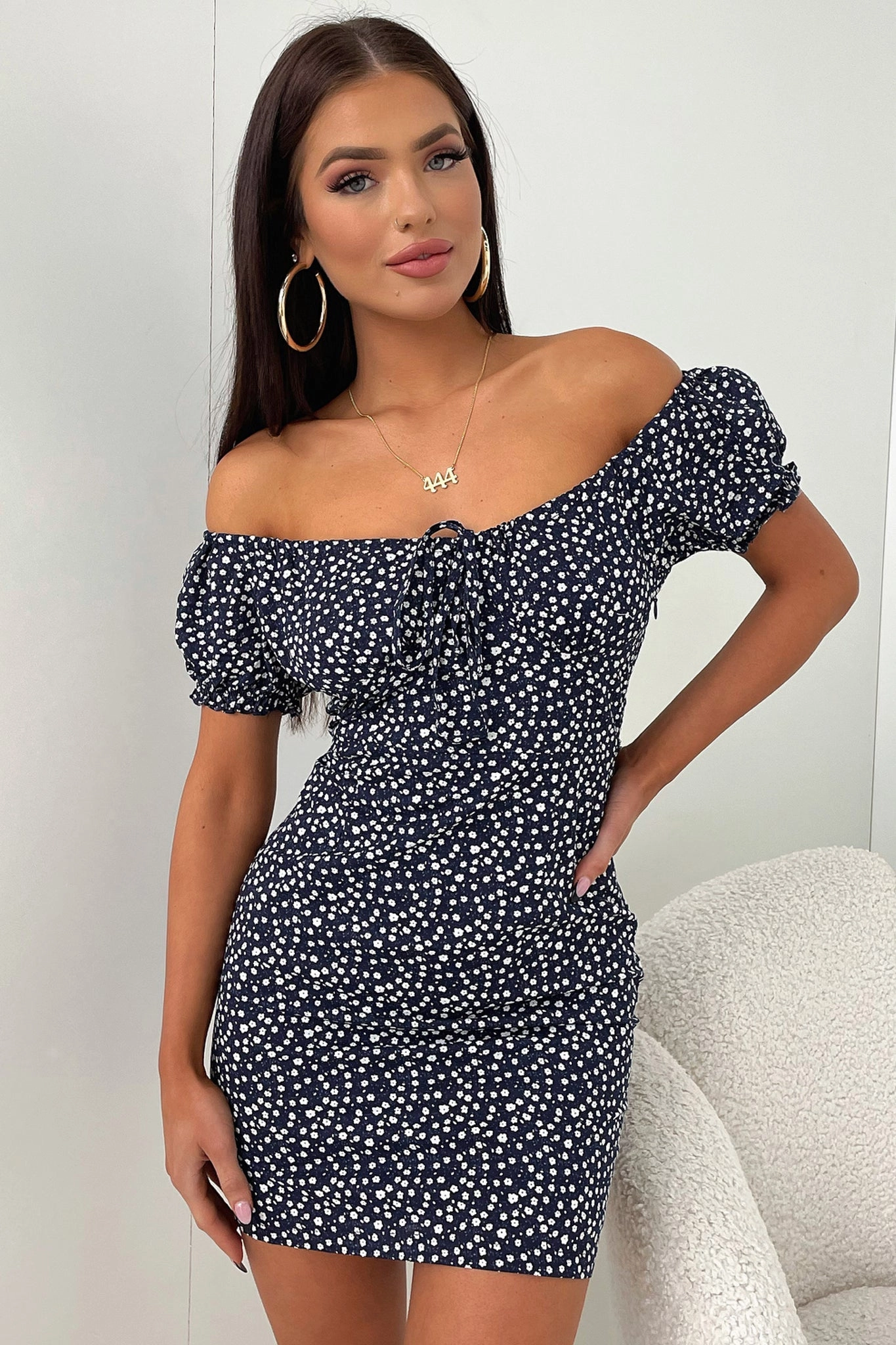Alma Dress - Navy Floral Side-Slit Polished Edge