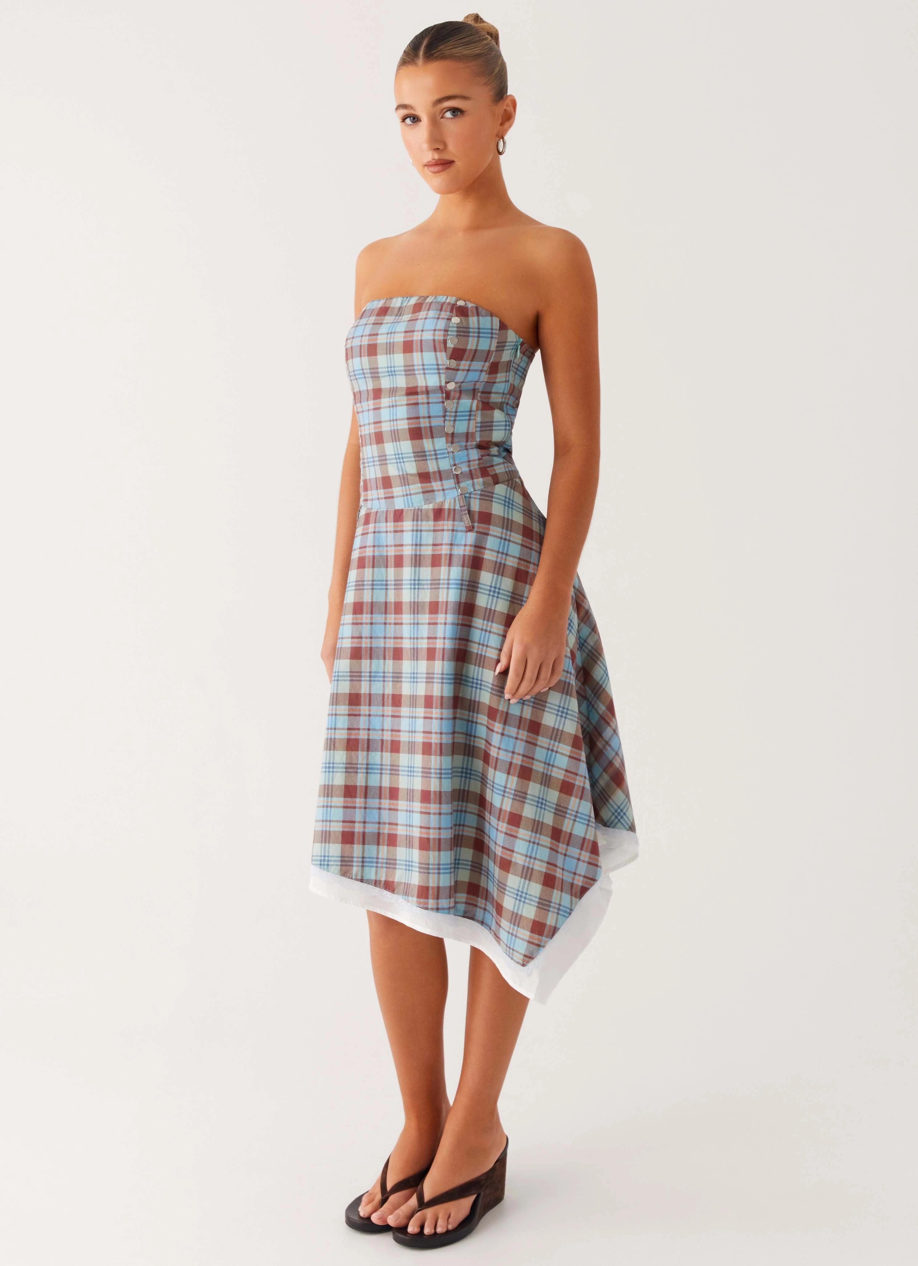 Cool Form Elegant Everyday Tonie Strapless Midi Dress - Shoreline Check