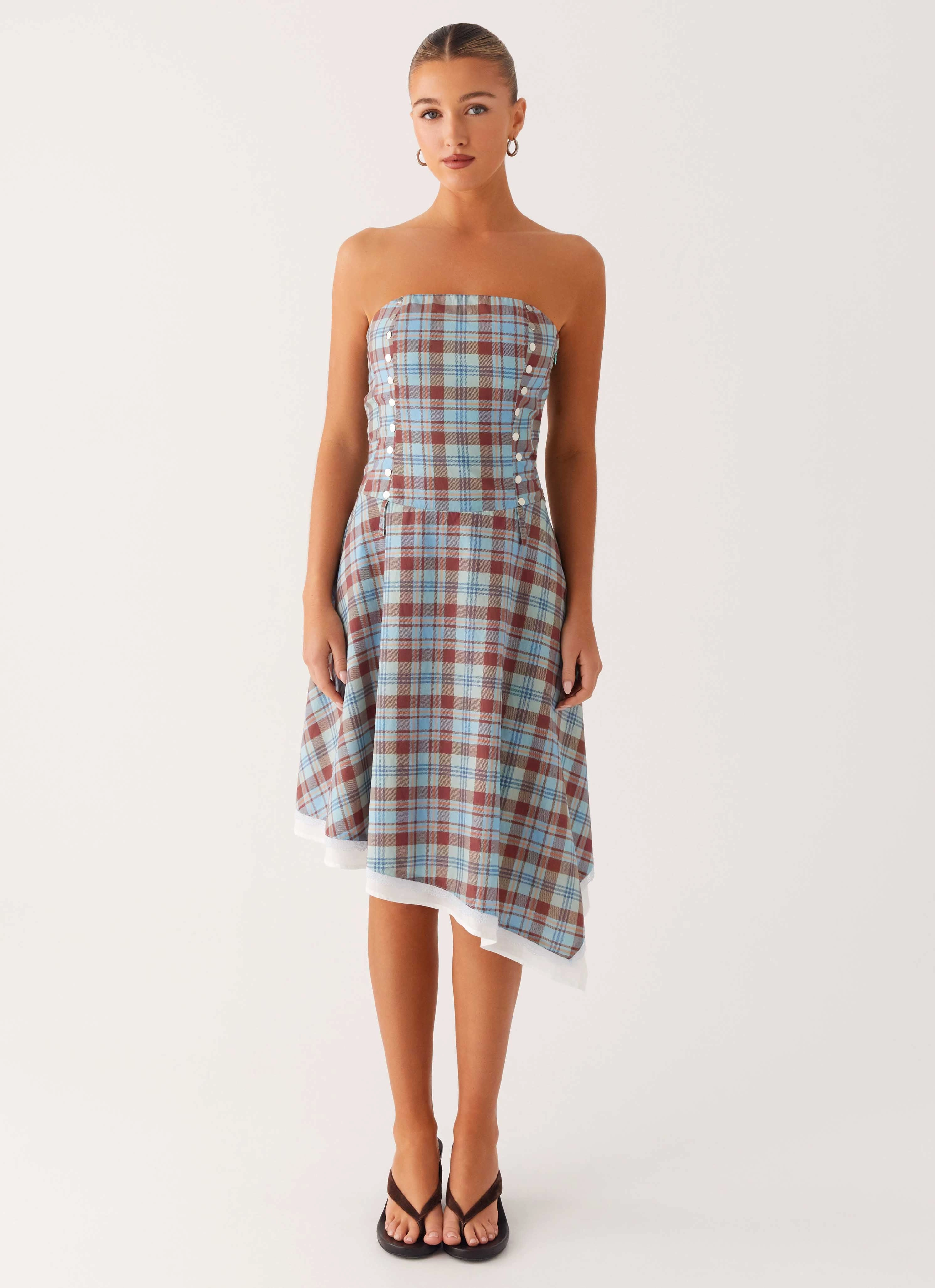 Cool Undertone Elegant Mature Tonie Strapless Midi Dress - Shoreline Check