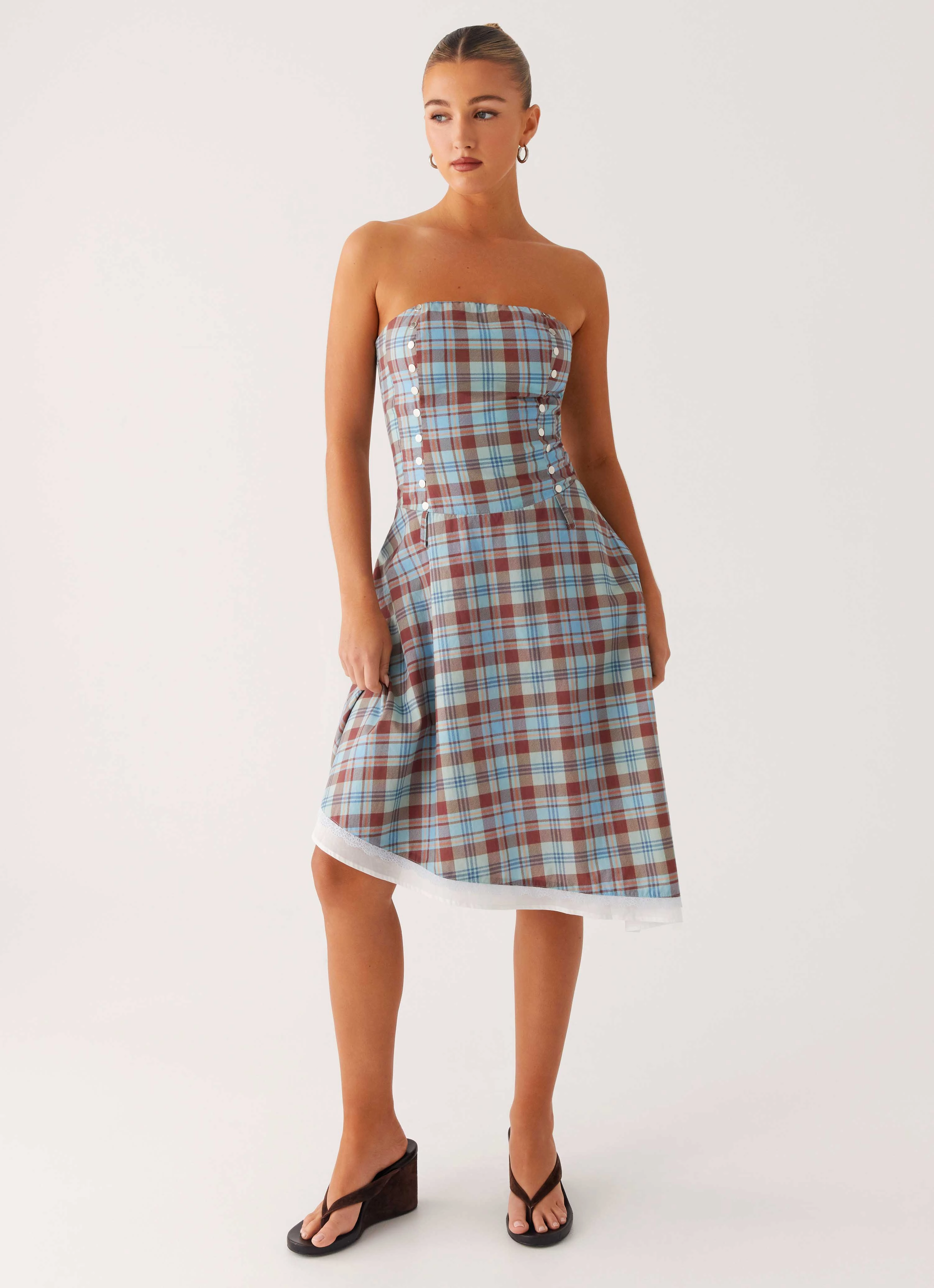 Easy Lovely Tonie Strapless Midi Dress - Shoreline Check