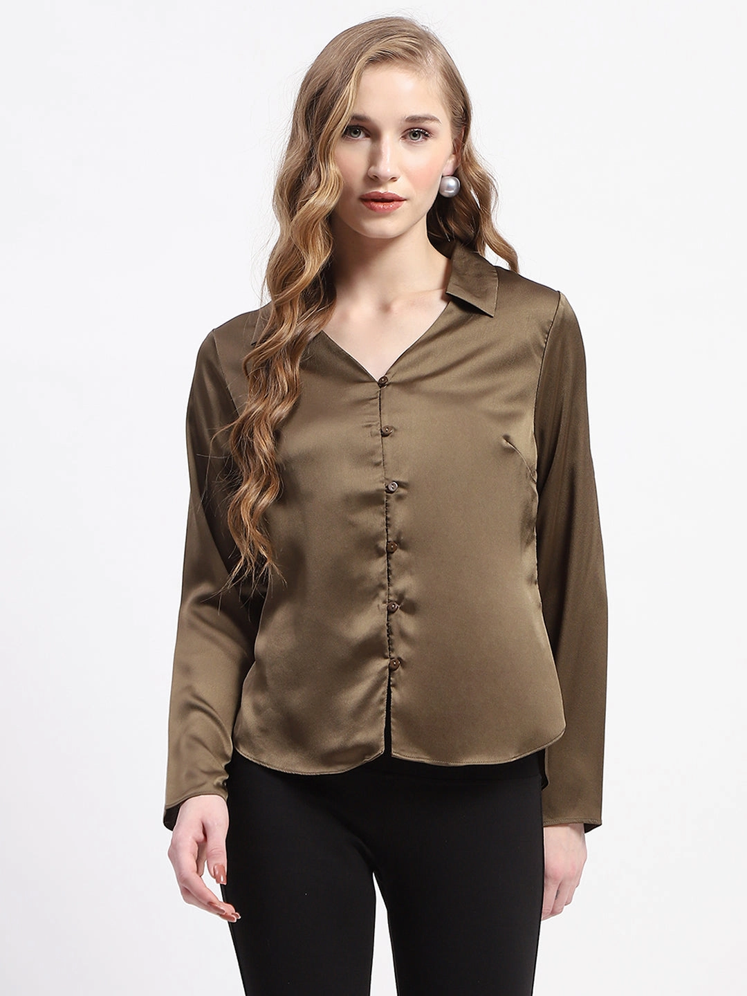 Madame Satin Bell Sleeve Collared Solid Olive Green Top Light Option