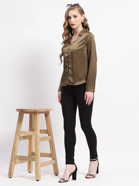 Urban Trend Non Restrictive Armhole Madame Satin Bell Sleeve Collared Solid Olive Green Top