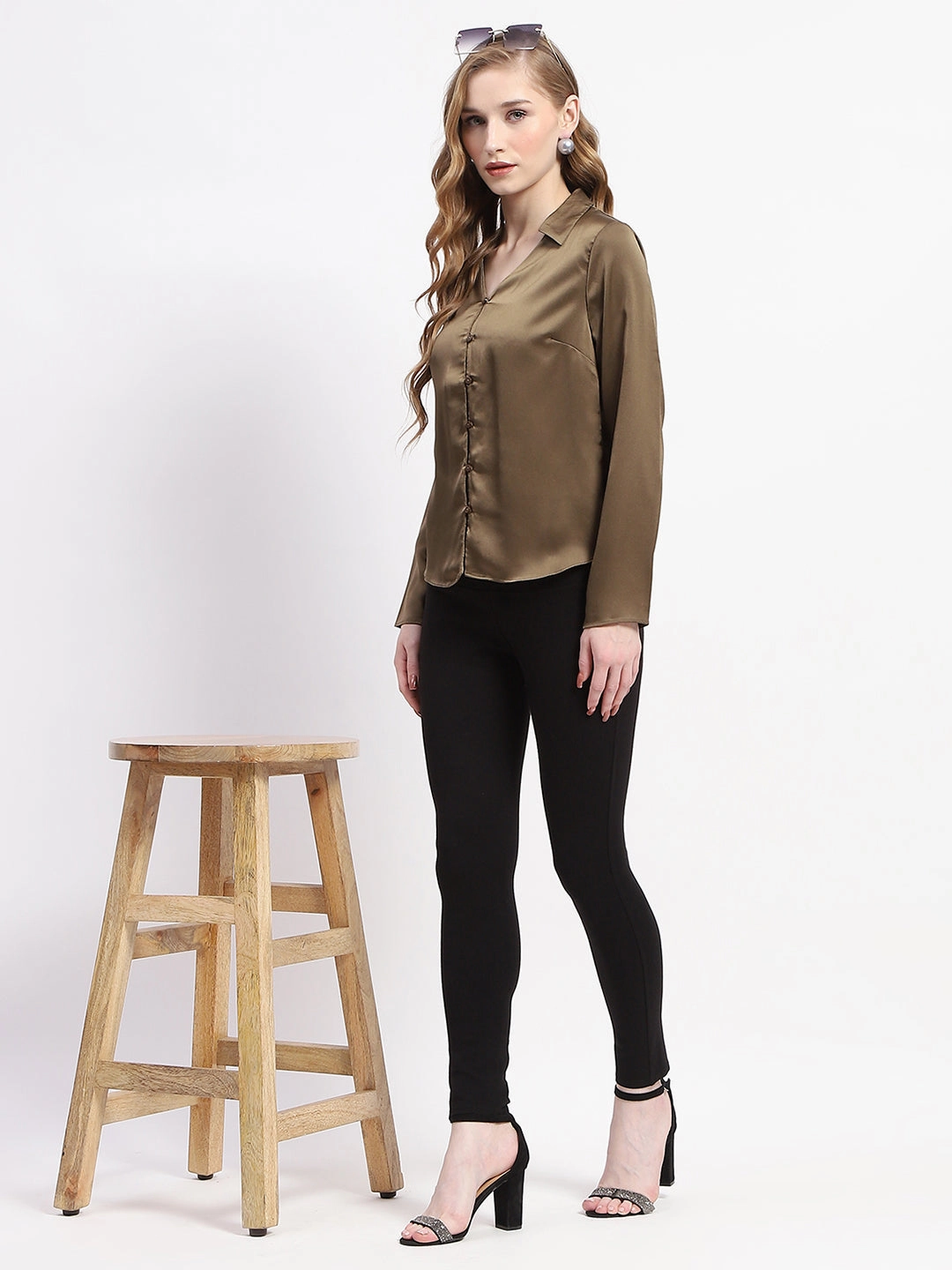 Urban Trend Non Restrictive Armhole Madame Satin Bell Sleeve Collared Solid Olive Green Top
