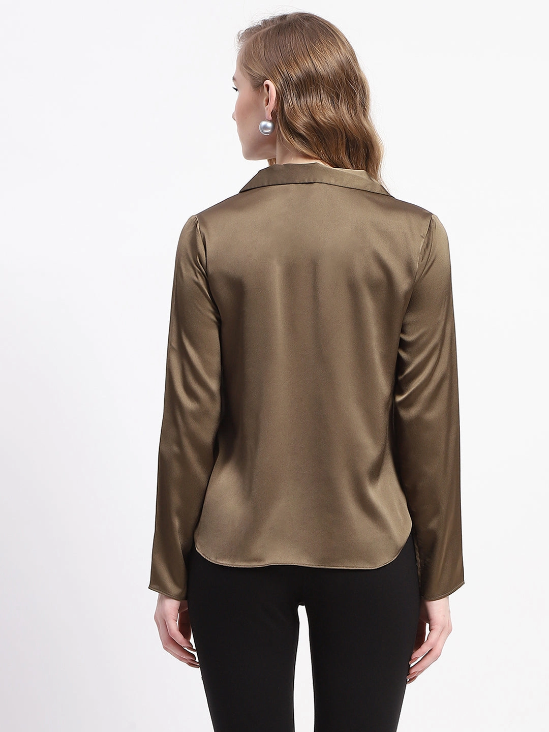 Madame Satin Bell Sleeve Collared Solid Olive Green Top Premium Feel