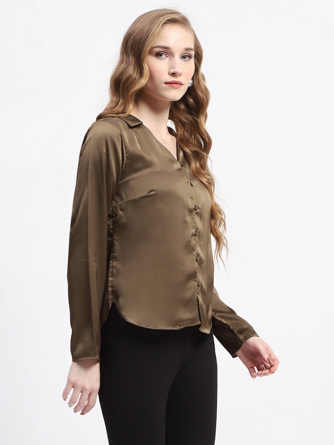 Madame Satin Bell Sleeve Collared Solid Olive Green Top Trendy Pattern