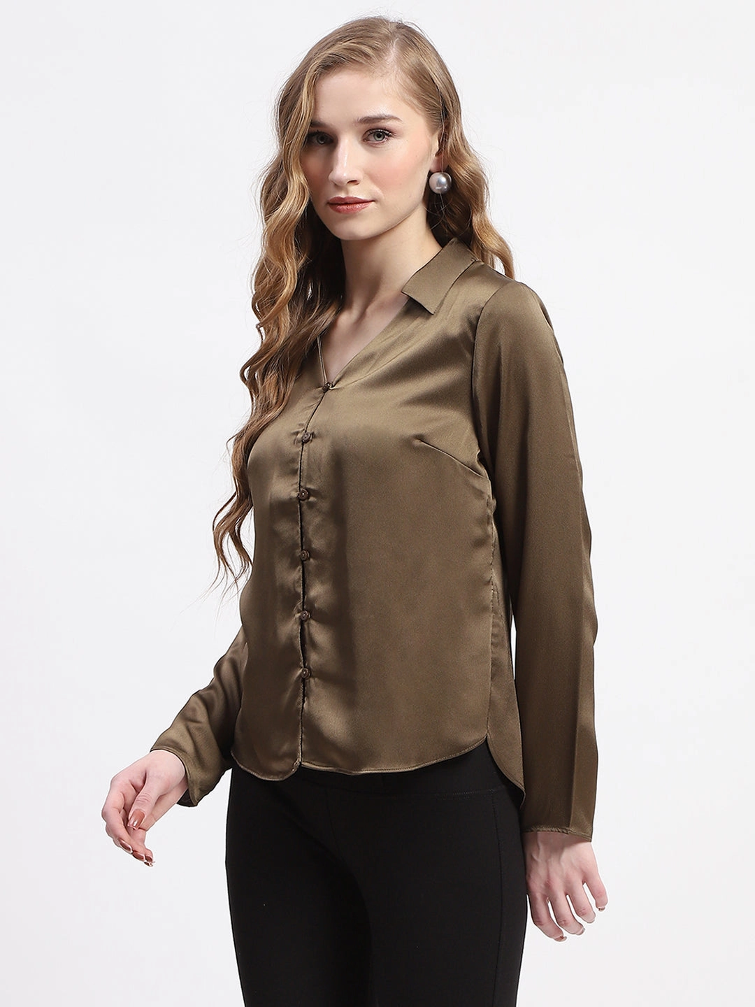 Madame Satin Bell Sleeve Collared Solid Olive Green Top UV Protective Fabric