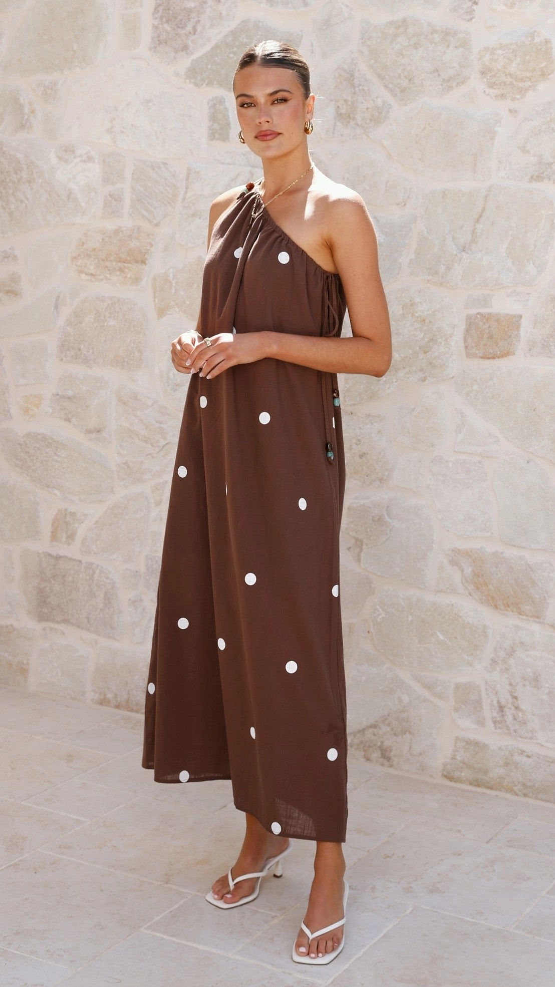Nasira One Shoulder Maxi Dress - Chocolate / White Polka Dot Smooth Flow Cozy Flex
