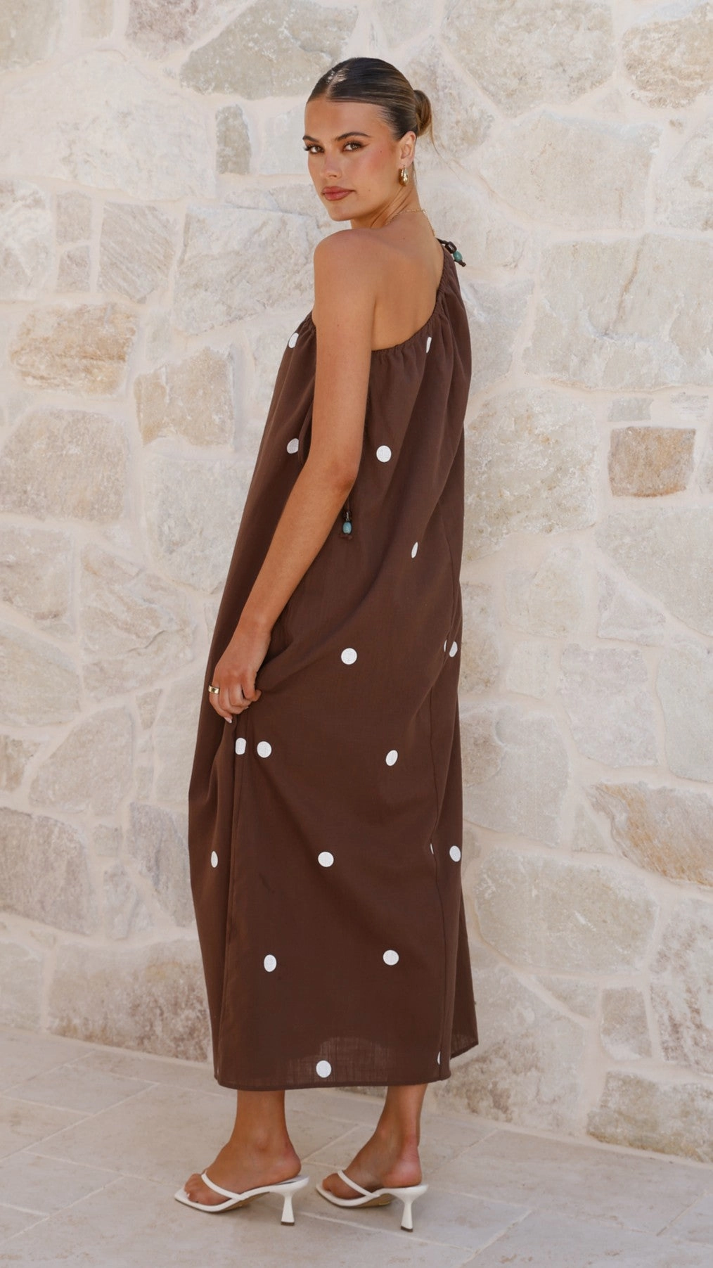 Nasira One Shoulder Maxi Dress - Chocolate / White Polka Dot Satin-Edge