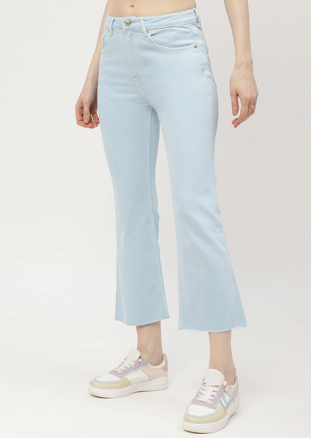 Madame Low Waist Sky Blue Bell Bottom Jeans Effortless Style Minimal Fading