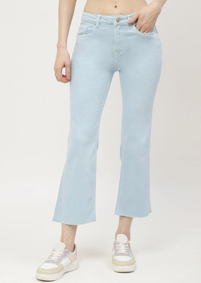 Vibrant Trendy Articulated Knee Shape Madame Low Waist Sky Blue Bell Bottom Jeans
