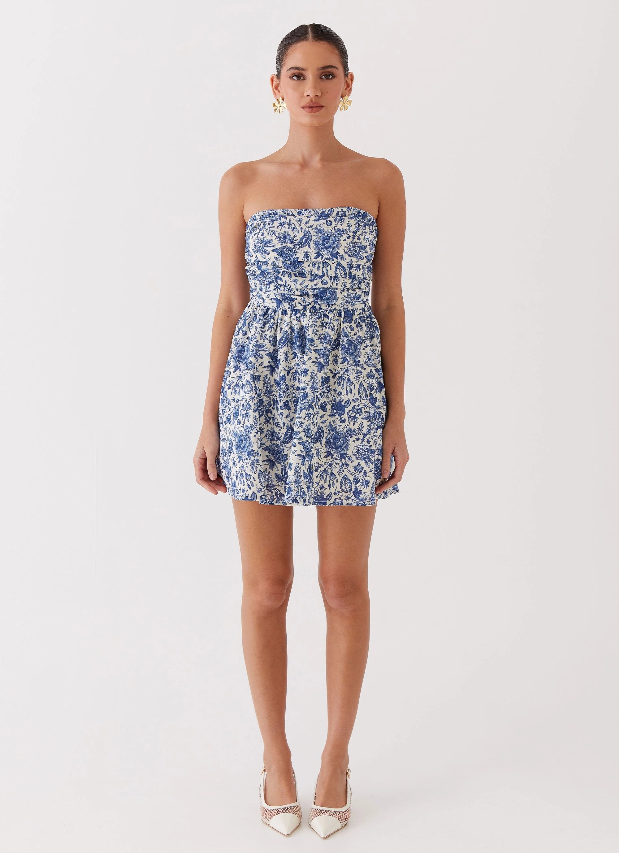 Forget Me Not Linen Mini Dress - Blue Paisley Draped-Style Layered-Sleeve