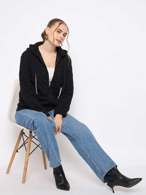 product handmade uniqueness Comfy Outerwear Madame Knitted Self-Textured Zipped Black Hooded Sweatshirt