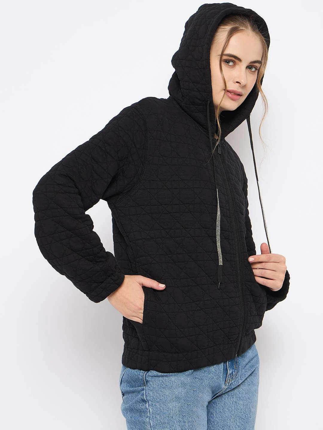 Madame Knitted Self-Textured Zipped Black Hooded Sweatshirt Relaxed Look