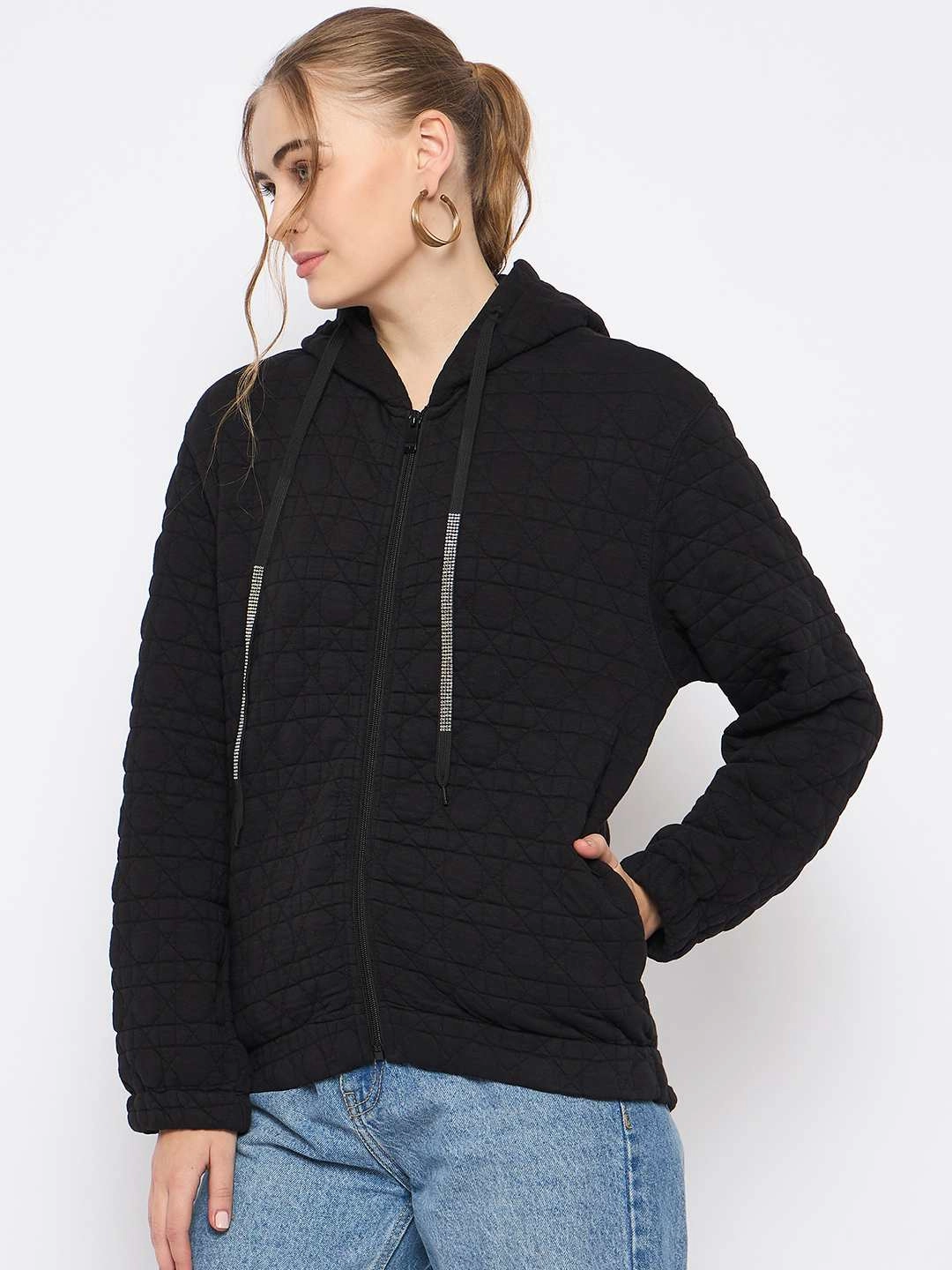 Madame Knitted Self-Textured Zipped Black Hooded Sweatshirt Coffee Run Smart Hoodie