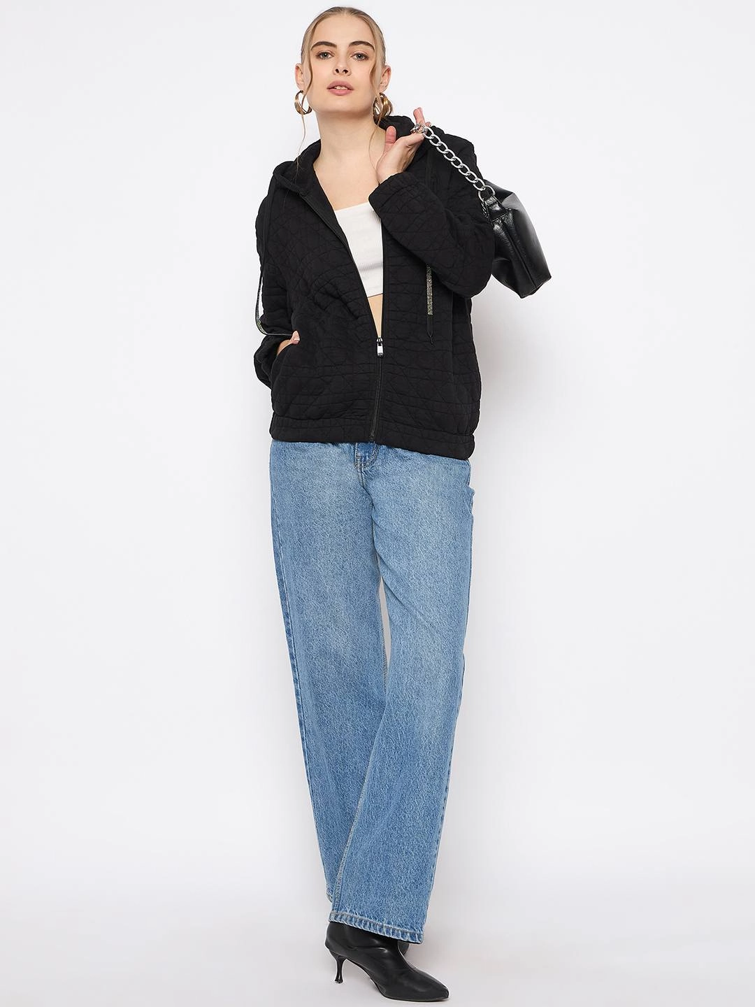 Chic Hoodie Thin Madame Knitted Self-Textured Zipped Black Hooded Sweatshirt