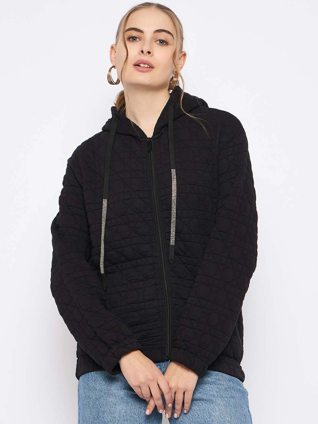 Madame Knitted Self-Textured Zipped Black Hooded Sweatshirt product recommendation